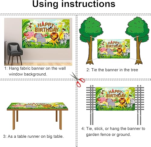 Miniatura 4 de HOWAF Cartel de tela de feliz cumpleaños para decoración de fiesta de cumpleaños con temática de animales de la selva, decoración de fondo de pared