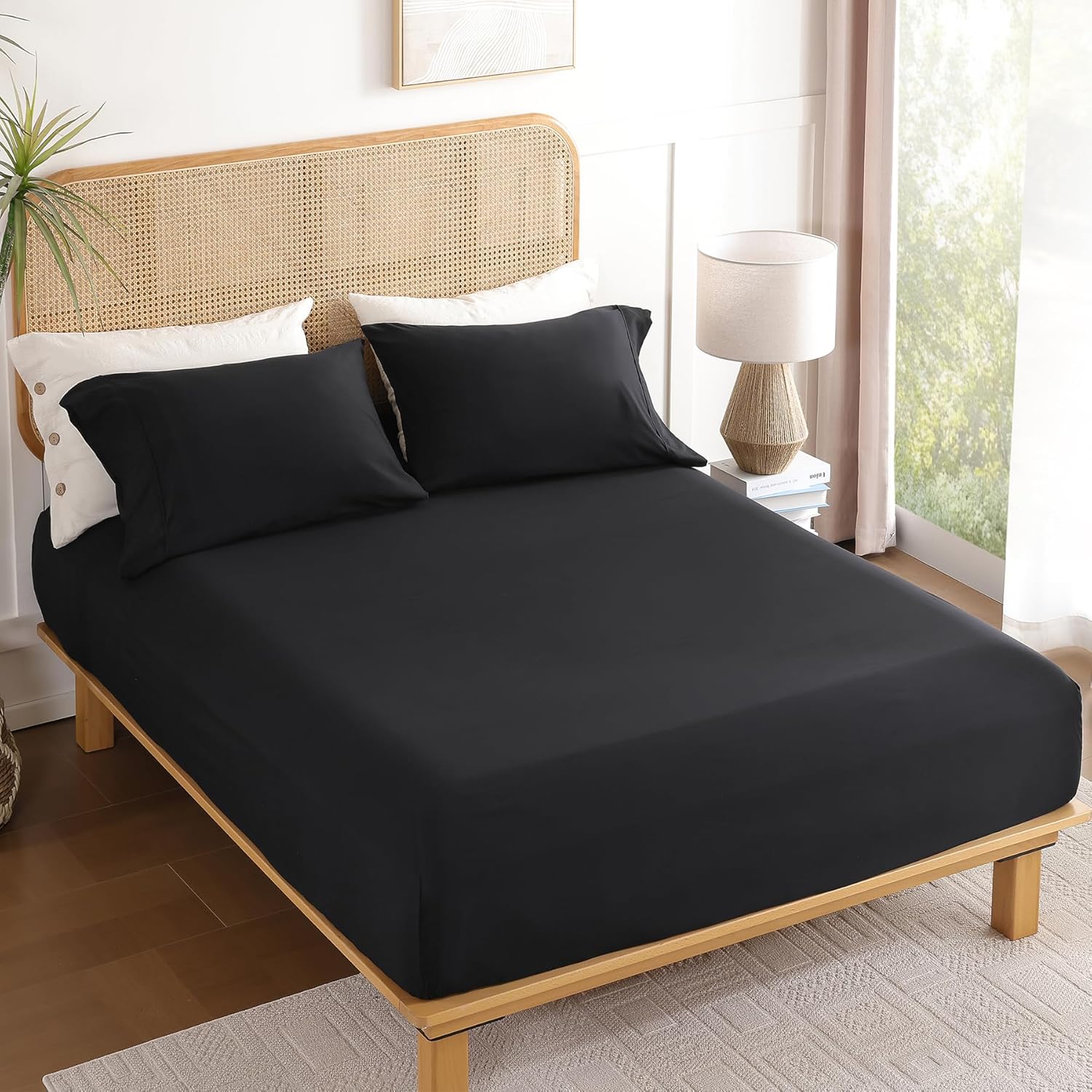 King Sheet Set 4 Piece, 16'' Deep Pocket Fitted Sheets Soft Breathable Microfiber Bed Sheets Luxury Hotel Bedding with Pillowcse Black Bedsheets Cooling, Wrinkle Free, Oeko-Tex Certified
