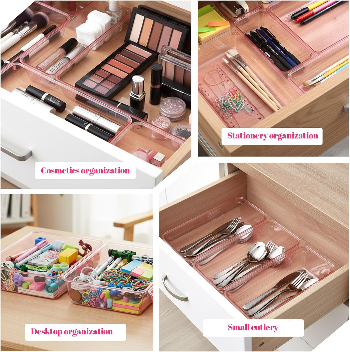 25pcs Pink Plastic Drawer Organizer Set, Clear Stackable Drawer Organizer,Kitchen Drawers Dividers for Bathroom, Office, Kitchen Cabinets and Dressing Tables - Image 6
