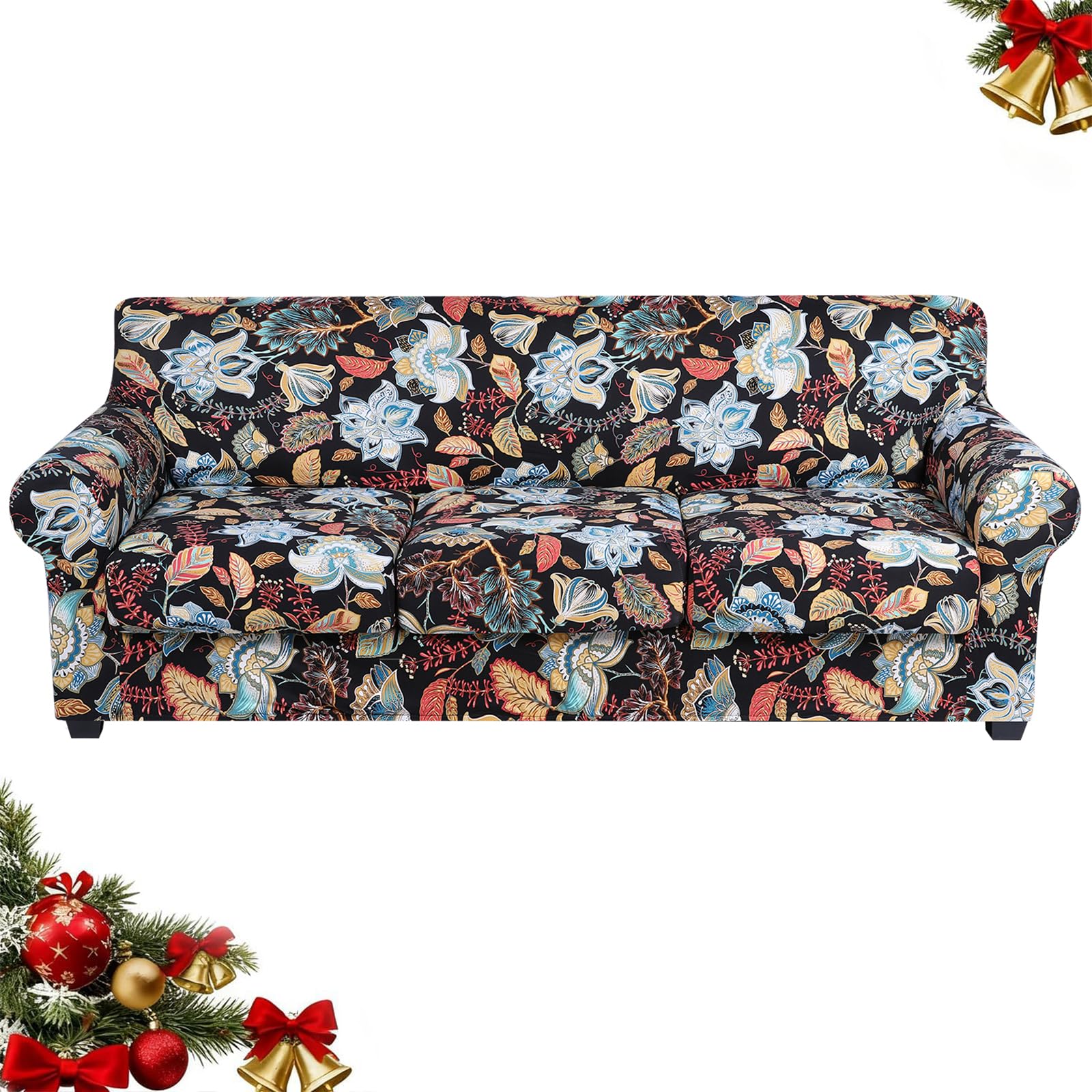 hyha Couch Cover, Floral Pattern, Stretch, Printed, 4 Pieces, Sofa Slipcovers, for 3 Separate Cushion Couch, Washable Furniture Protector for Dogs(Sofa, Floral)