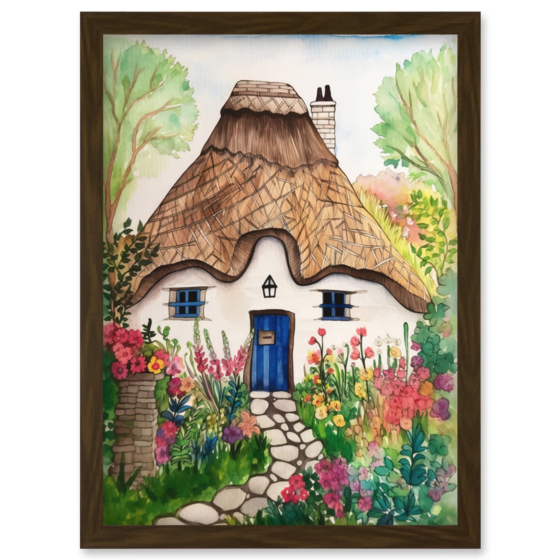 Artery8 The Cottage In The Forrest Flowers Folk Art Artwork Framed Wall Art Print A4