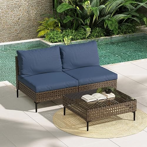 Miniatura 2 de Grand patio Juego de muebles de mimbre para patio, estilo retro, sofá modular con cojines gruesos y resistentes al agua de color azul para