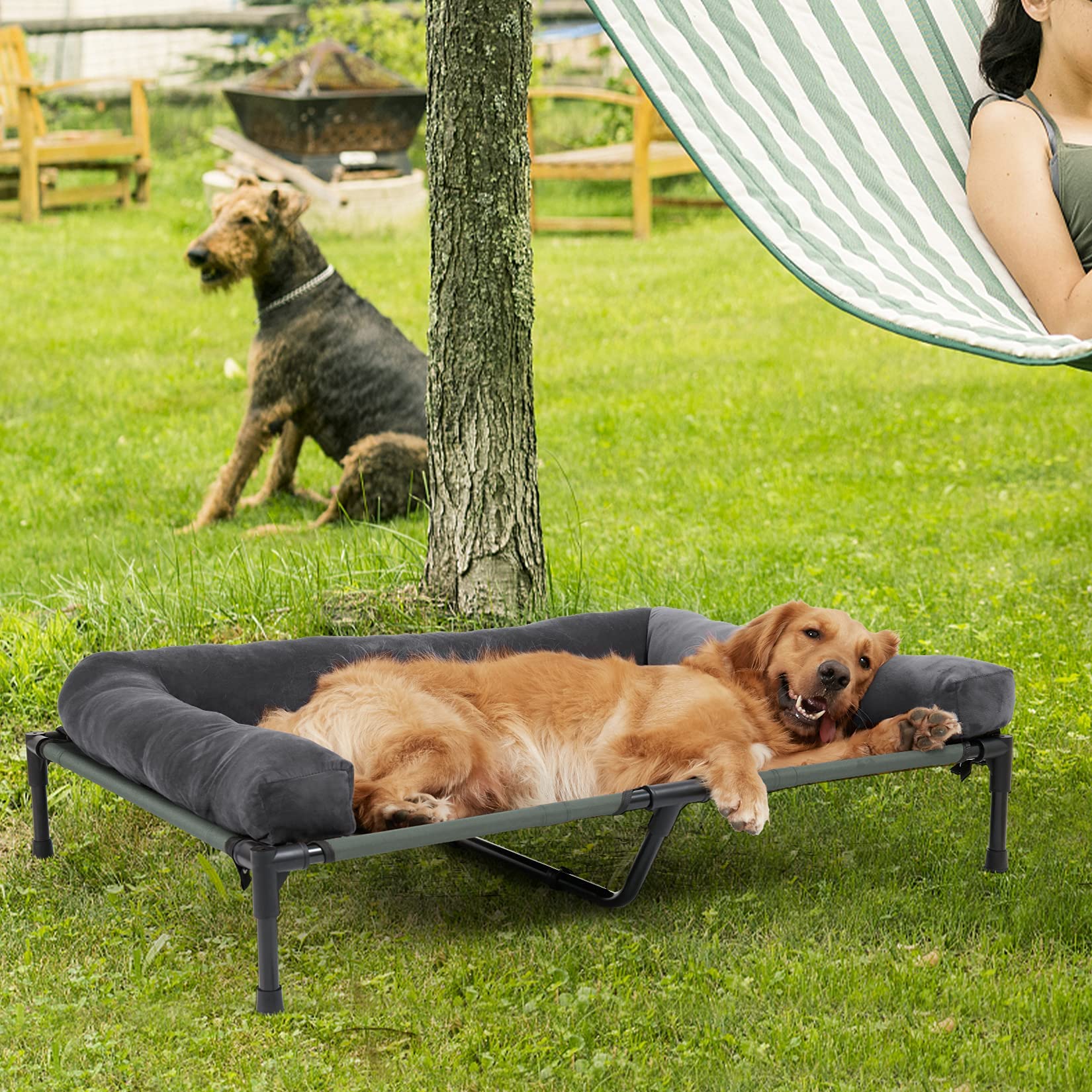 BingoPaw Cama Elevada Perro Grande XXL, Camas para Perros Grandes Elevadas Transpirable 110x80x18 cm Caseta Hamaca Perro Exterior con Borde de Cojín elevada y Manta de Felpa,Ideal para Todo el Año | Cama elevada para perros con borde, 110 x 80 x 18 cm
