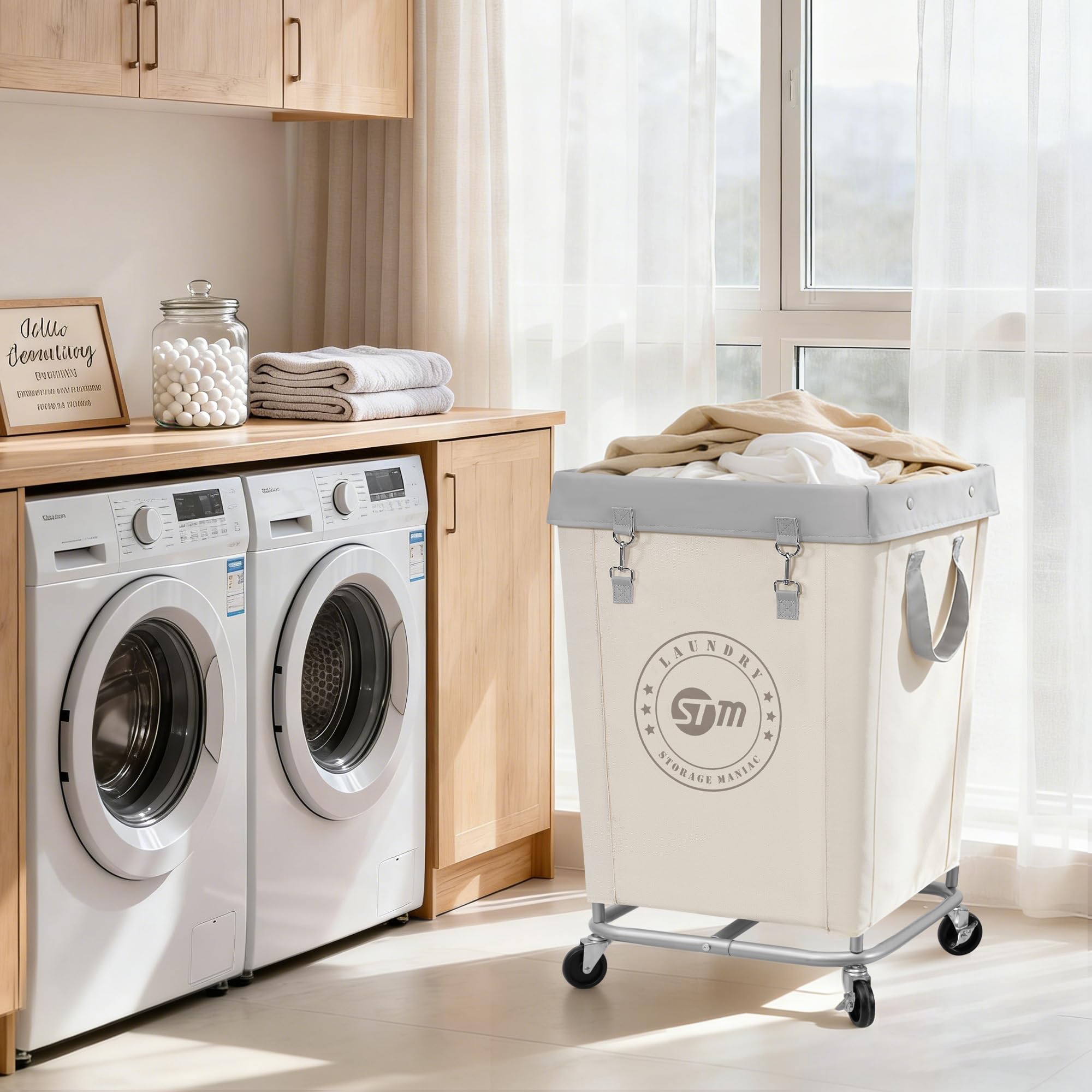 STORAGE MANIAC Cesto portabiancheria commerciale con telaio in acciaio resistente, 160 l, cesto portabiancheria industriale con ruote, per hotel, casa, lavanderia, 45 x 45 x 70 cm, beige medio