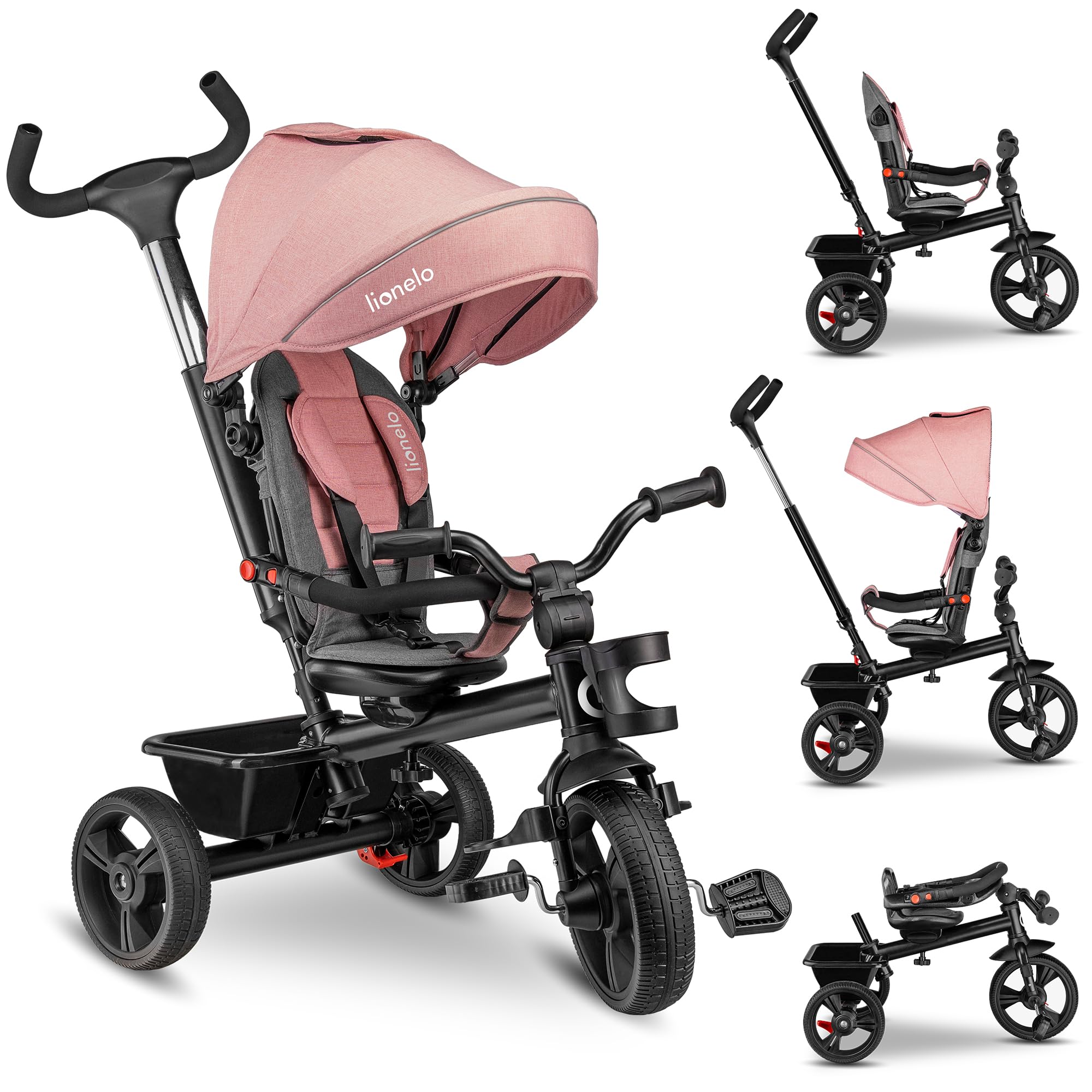 LIONELO Haari Bicicleta 2 en 1 Menores hasta 25 kg 1,5-5 años Triciclo- Carrito Cesta espaciosa, Bolsa y portavasos Cinturones de 3 Puntos con Fundas Toldo Reposapiés Rosa