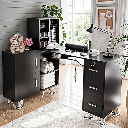 Manicure Table Nail Station w/Dust Collector - L-Shaped Nail Tech Table with Shelves, Storage Cabinets, Drawers, Metal Handles & Legs, Salon Wrist Rest, Beauty Salon Workstation Decor (Black)