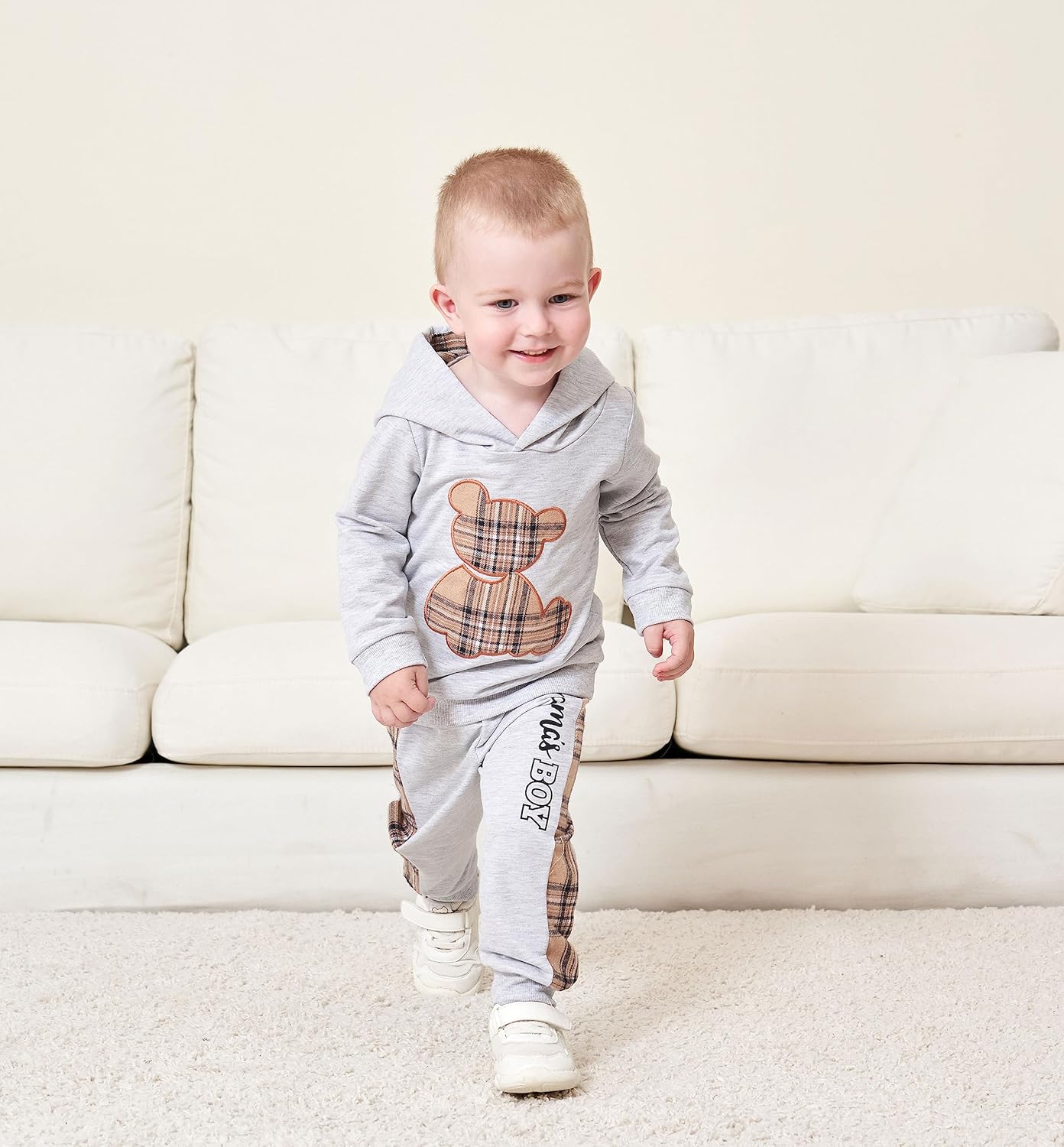 Toddler Baby Boy Clothes Outfits Plaid Bear Long Sleeve Hoodie Patchwork Pant Boy 2PC Outfit Set 3-4T Grey-sdf image 5 of 8 B0C7KQ7W56