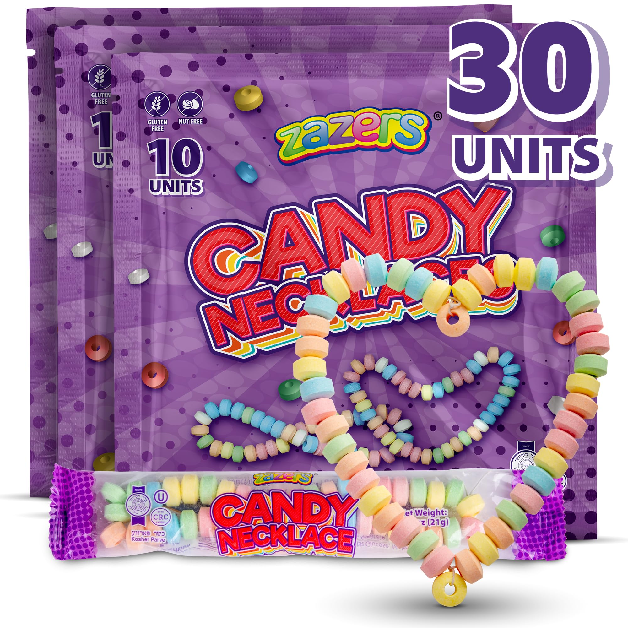 30 Candy Necklace Individually Wrapped - Party Favors for Kids Bulk 30 Count of Stretchable, Edible, Fruity Rainbow Candy Necklaces with Colorful
