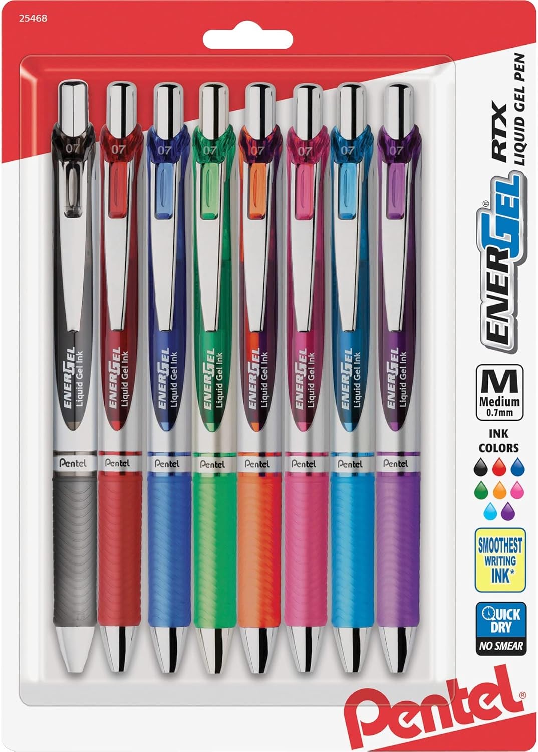 Pentel® EnerGel RTX Pens, 0.7 mm, Medium Point, Assorted Ink Colors, Pack Of 8 : Office Products