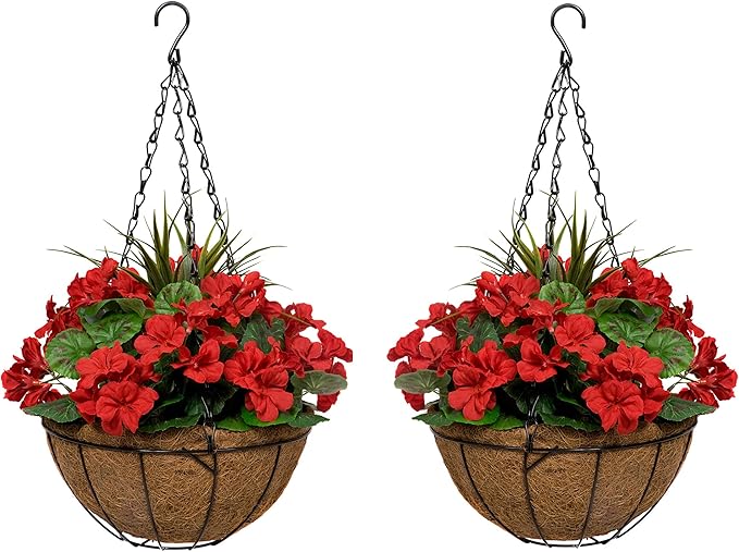 GreenBrokers Coir 2X Artificial Round Hanging Baskets with Red Geraniums (Set of 2) Amazon.co