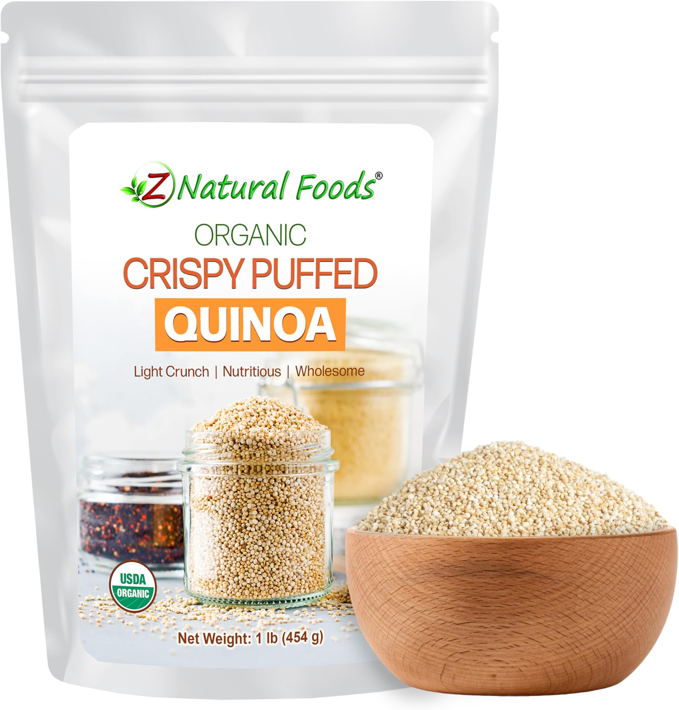 Z Natural Foods Organic Crispy Puffed Quinoa - Real Crisped Quinoa Vegan Superfood - Healthy Quinoa Crisps Snacks for Adults & Kids - Crispy Quinoa Puffs for Baking, Snacks, Yogurts, Gluten-Free, 1 lb