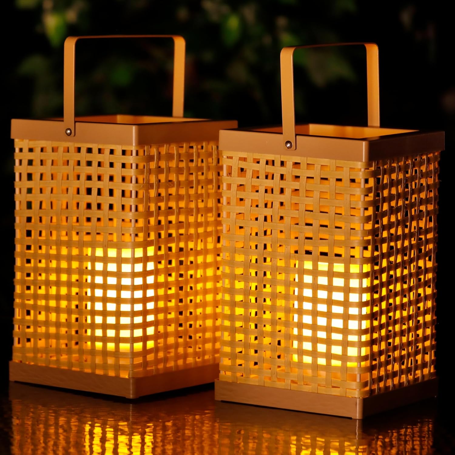 Solution4Patio 2 Pack PE Rattan Battery Operated Lantern with Handle, Waterproof, Candle-Shaped Bulb, Decorated for Indoor & Outdoor, Garden, Yard, Patio #N518A01