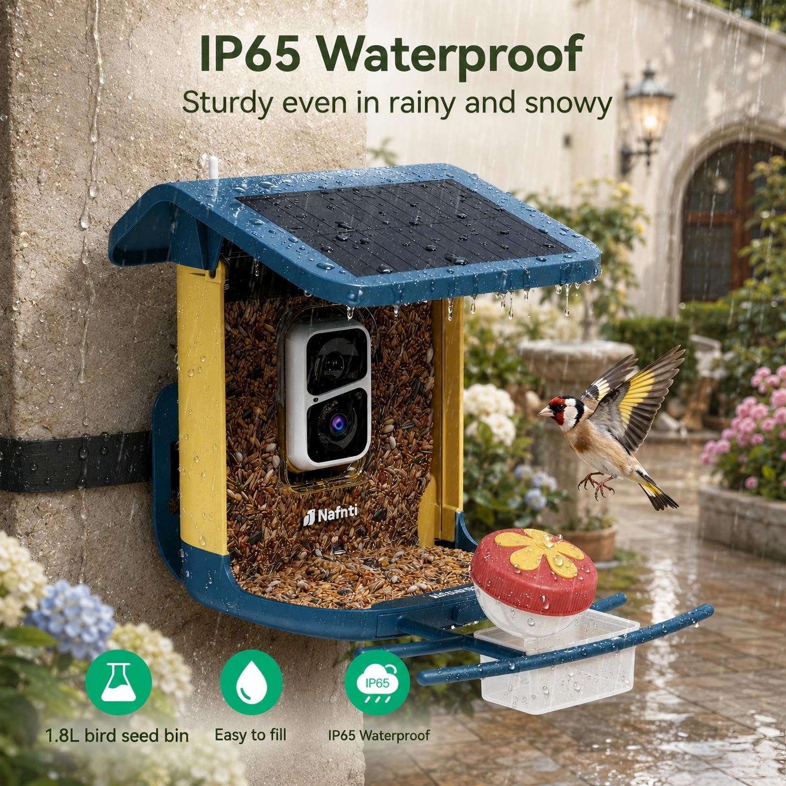 Comedero para pájaros con cámara alimentada por energía solar, 2K HD Live, AI Bird ID 1.8L