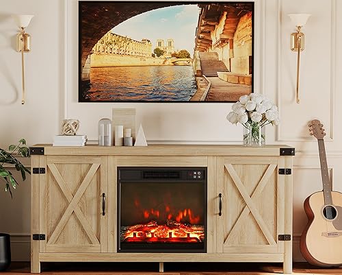 Miniatura 12 de JUMMICO Soporte de TV, centro de entretenimiento de granja de TV de 65 pulgadas con puertas dobles de granero y armarios de almacenamiento, consola