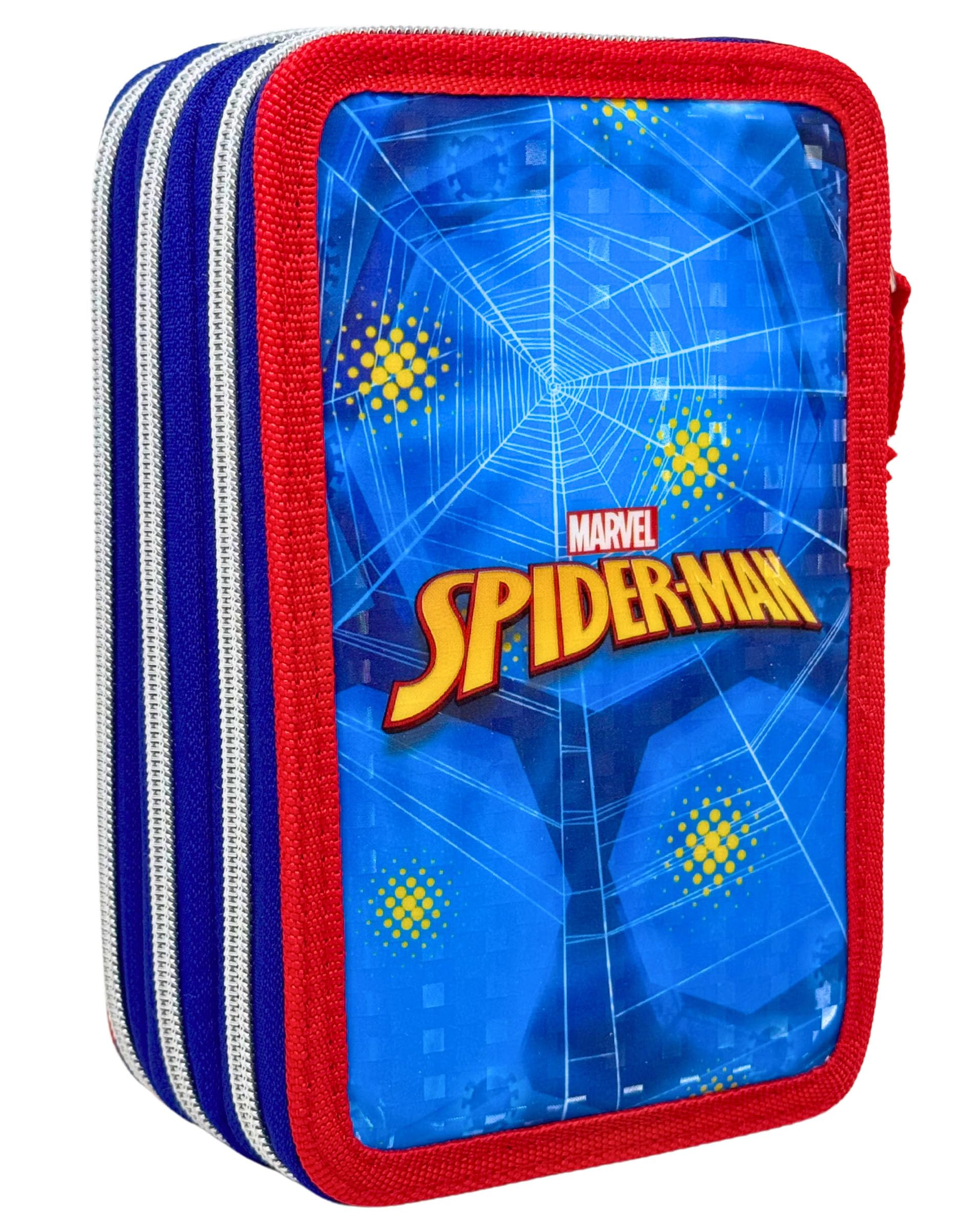 Clondo Trousse 3D à 3 Compartiments pour Enfants, pour Spiderman Fans B, Triplement Garnie, 44 Accessoires pour l'École Primaire, 3 Fermetures Éclair, 20 cm, Crayons