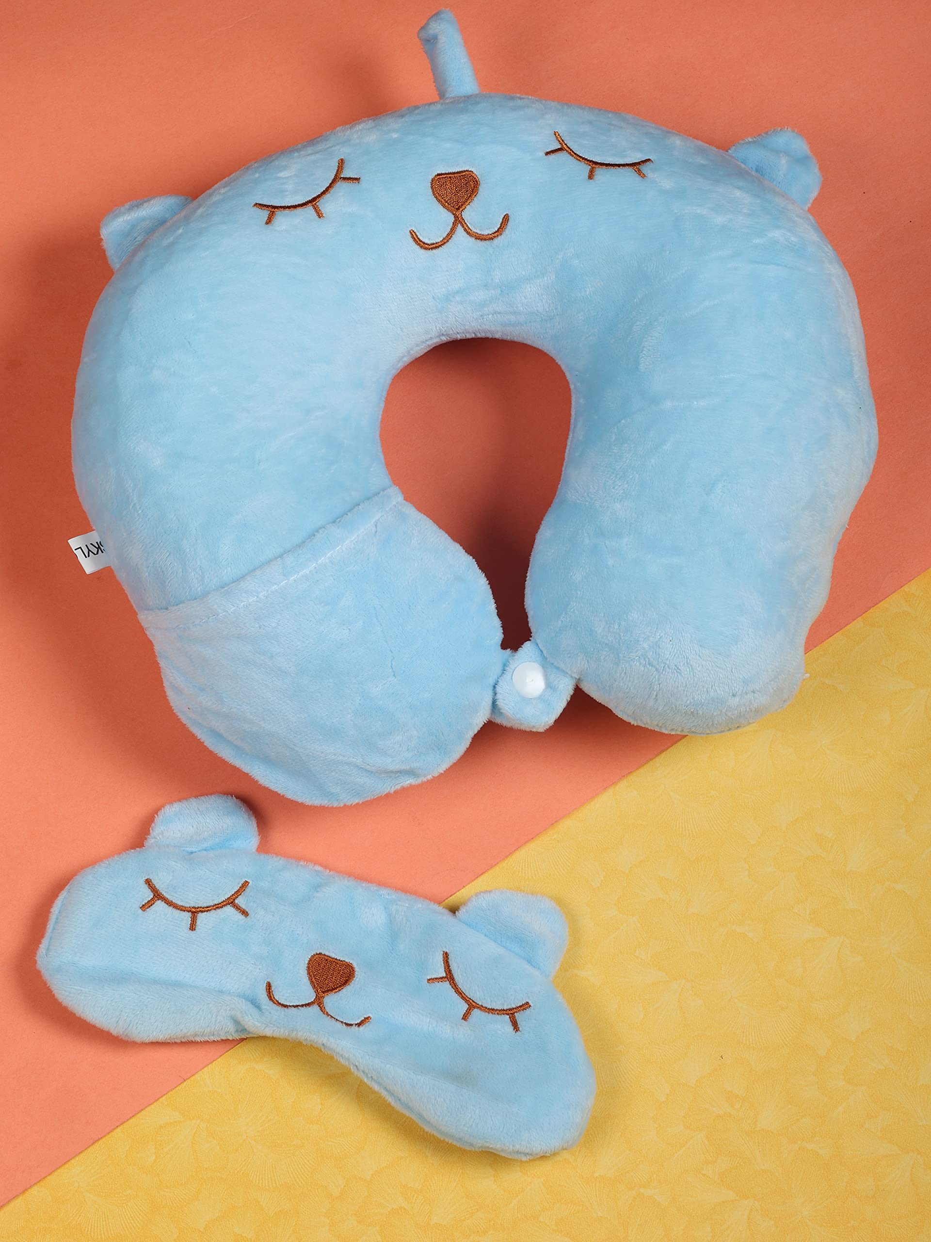 Chocozone Panda Neck Pillow for Boys & Girls for Car, Train, Flight, Bus - Microfibre Travel Cushions with Sleeping Eye Mask- 6+ Years Boys and Girls (Blue)-image-21