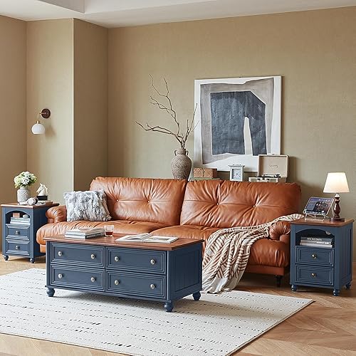 Miniatura 2 de Juego de 2 mesitas de noche de granja de 18 pulgadas con estación de carga, mesita de noche azul madera con 2 cajones, mesita de noche con