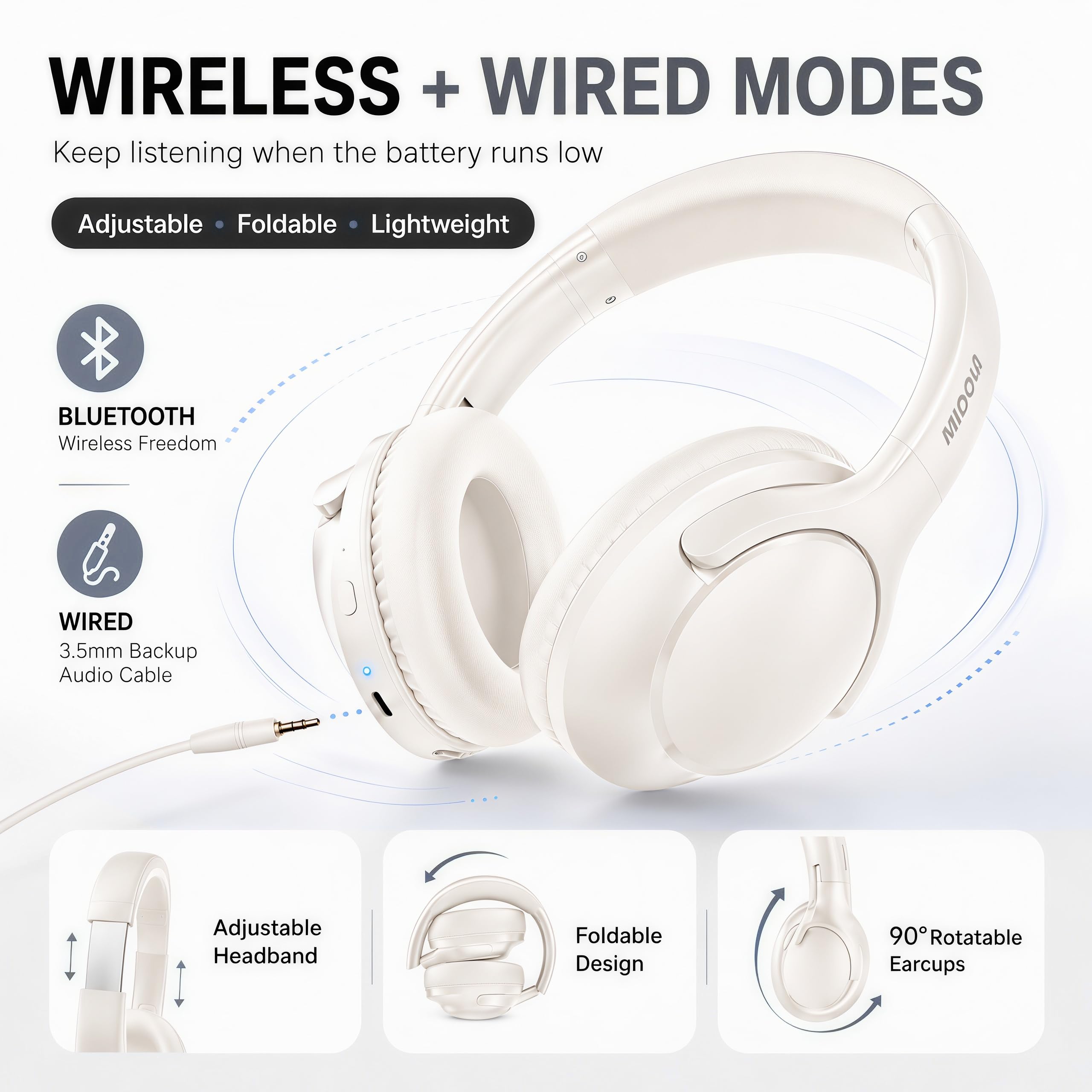 MIDOLA Bluetooth-Kopfhörer, Over-Ear-Kopfhörer, 68H, Spielzeit, 6 EQ, kabelloses Headset mit Mikrofon, HiFi-Stereo, faltbar, leicht, tiefer Bass, für Reisen, Zuhause, Büro, Handy, Weiß