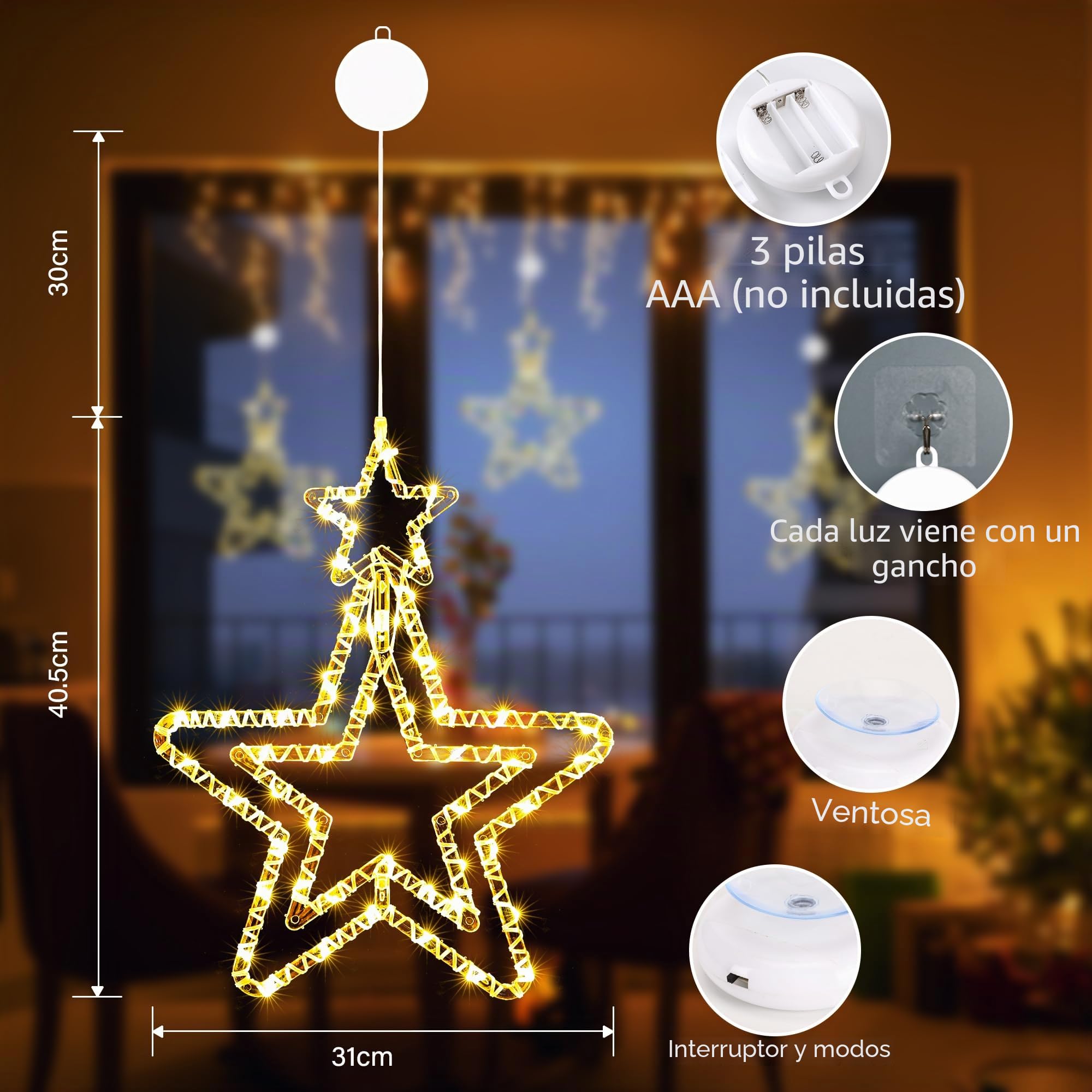 BrizLabs Luces Navideñas de Estrella LED, 4 Piezas Luces de Hadas de Estrellas de Ventana Interior Giratorio Luz de Navidad Batería Decoración para Halloween Exterior Balcón Fiesta, Blanco Cálido