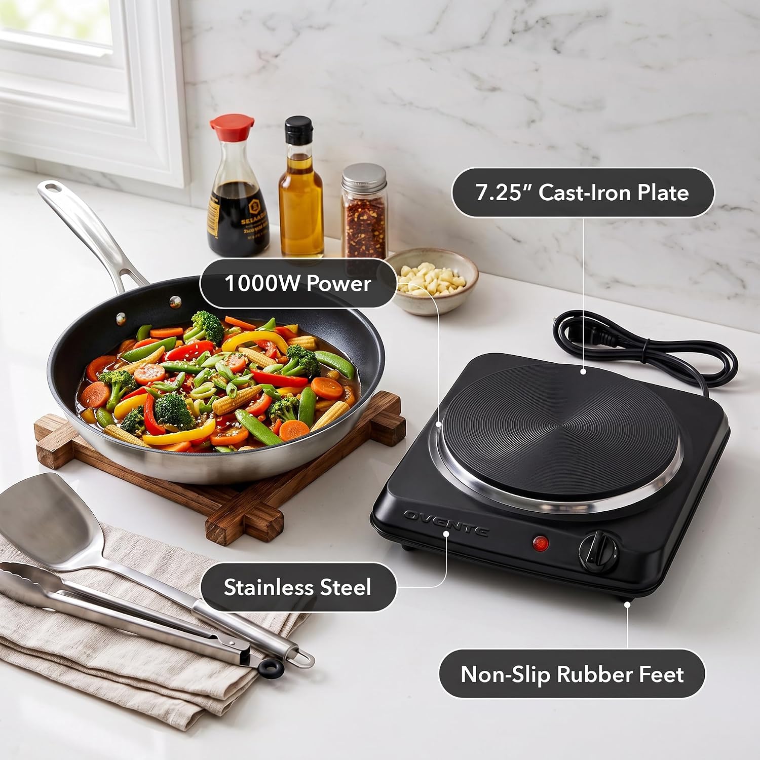 OVENTE Electric Cast Iron Single Burner, 1000W Hot Plate, Black BGS101B image 3