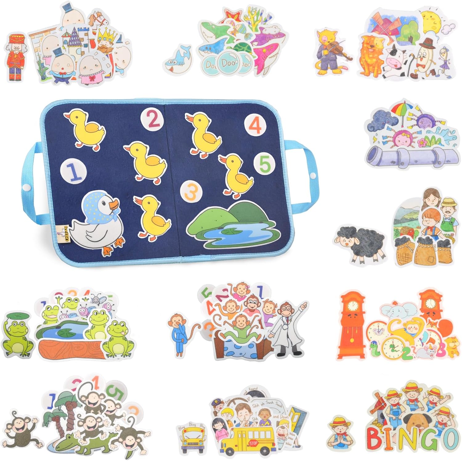CHEFAN 12 Pack Felt Board Stories Set,Nursery Rhymes Flannel Board Stories with a Foldable Board for Preschool Activities,Included 5 little ducks,Humpty Dumpty and Wheels On Bus