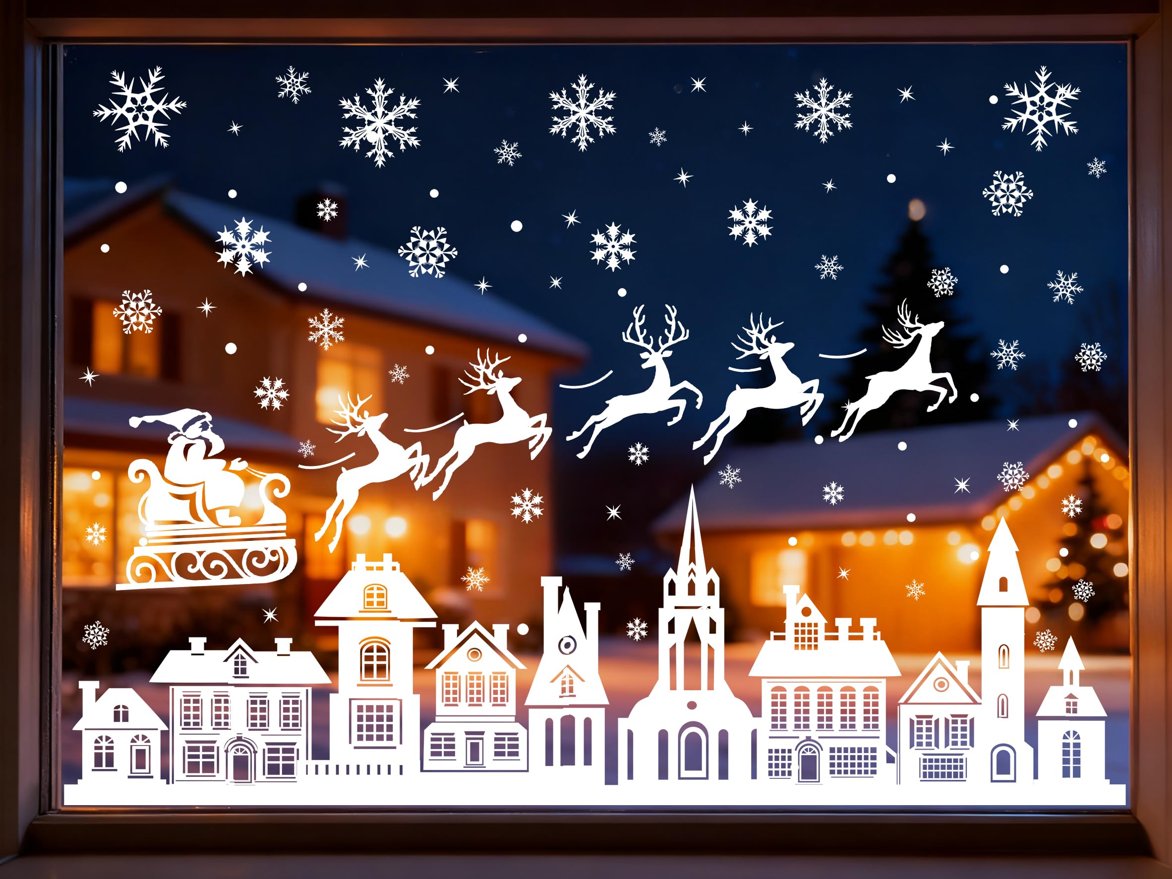 Nepfaivy Christmas Window Stickers for Decoration - 9 Sheets Reusable Xmas Window Stickers for Glass, White Double Sided Merry Christmas Scene Clings of House, Snowflakes, Reindeer for Winter Decor