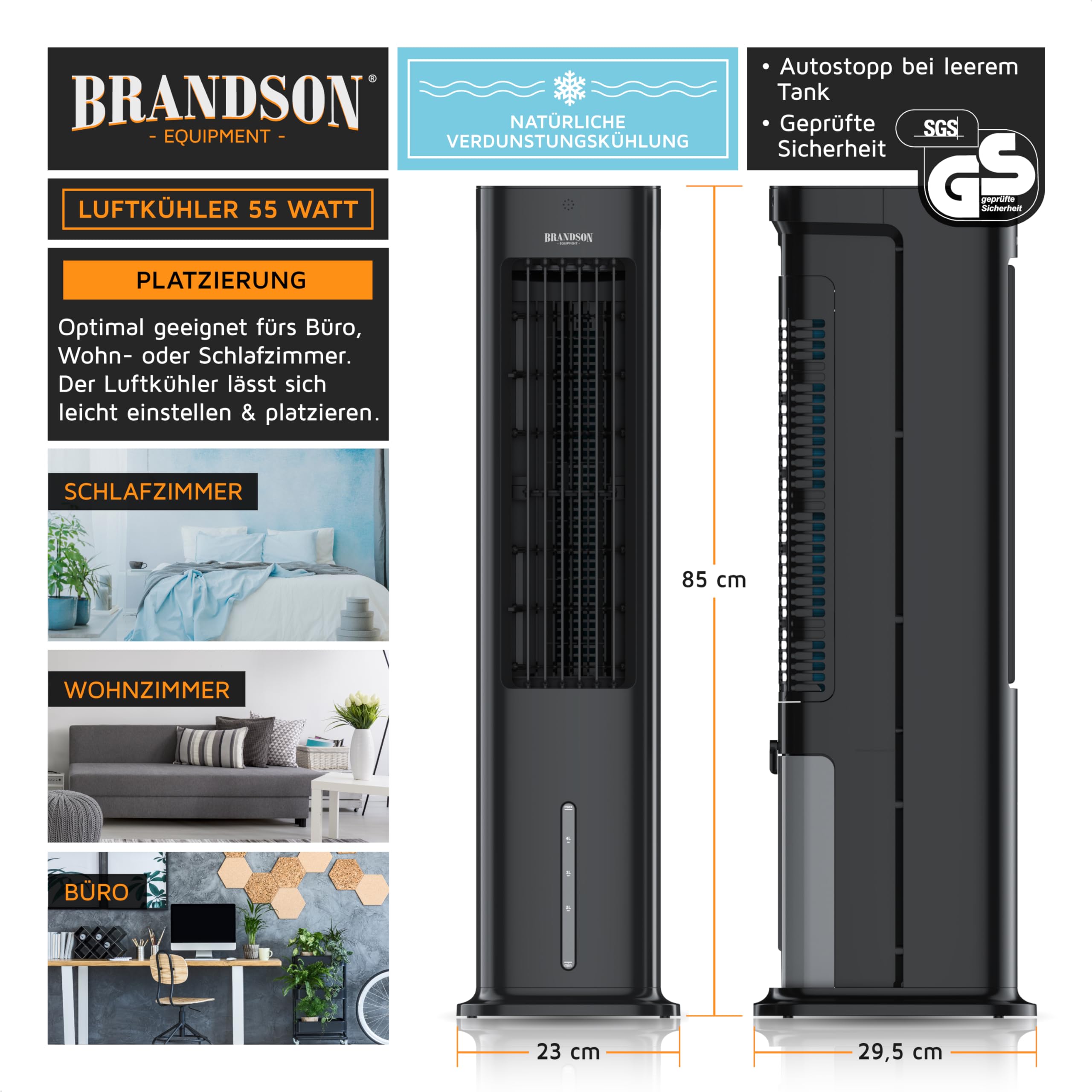 Brandson - Turmventilator mit Wasserkühlung - Sieger Ventilatoren und Luftkühler 2026-4 in 1 - Verdunstungskühler - Luftkühler - Ventilator - ohne Abluftschlauch- sehr leise