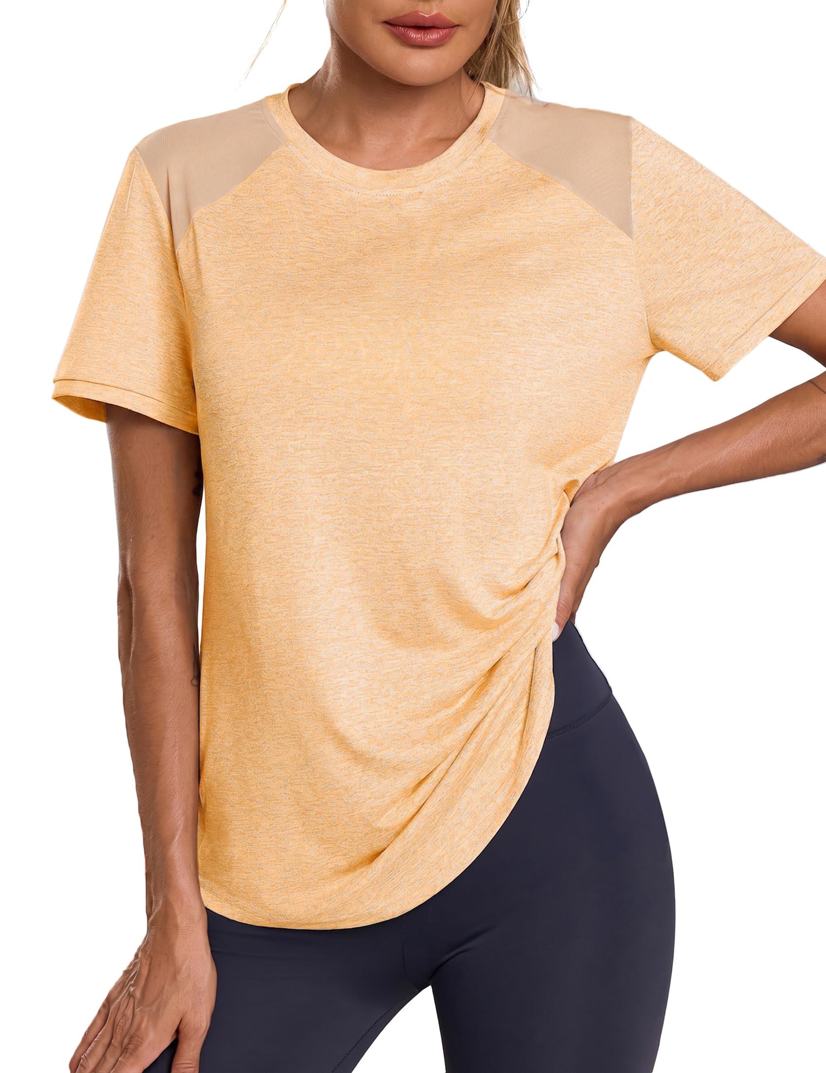 Terecey Sportshirt Damen Kurzarm Leichtes Atmungsaktiv Mesh Laufshirt Fitness Gym Oberteile Rundhals Sport Top Frauen Sommer Longshirt für Fitness Laufshirt Yoga Fitness