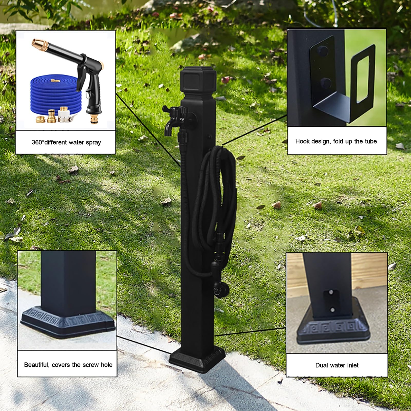 Rubinetto per Acqua da Giardino in Acciaio Inossidabile, Porta Tubo da Giardino, Fontanella da Giardino con Rubinetto Ottone e Pistola a Spruzzo, Adatto per Lavaggio Auto e Irrigazione(8*8*95cm/3.1*3.