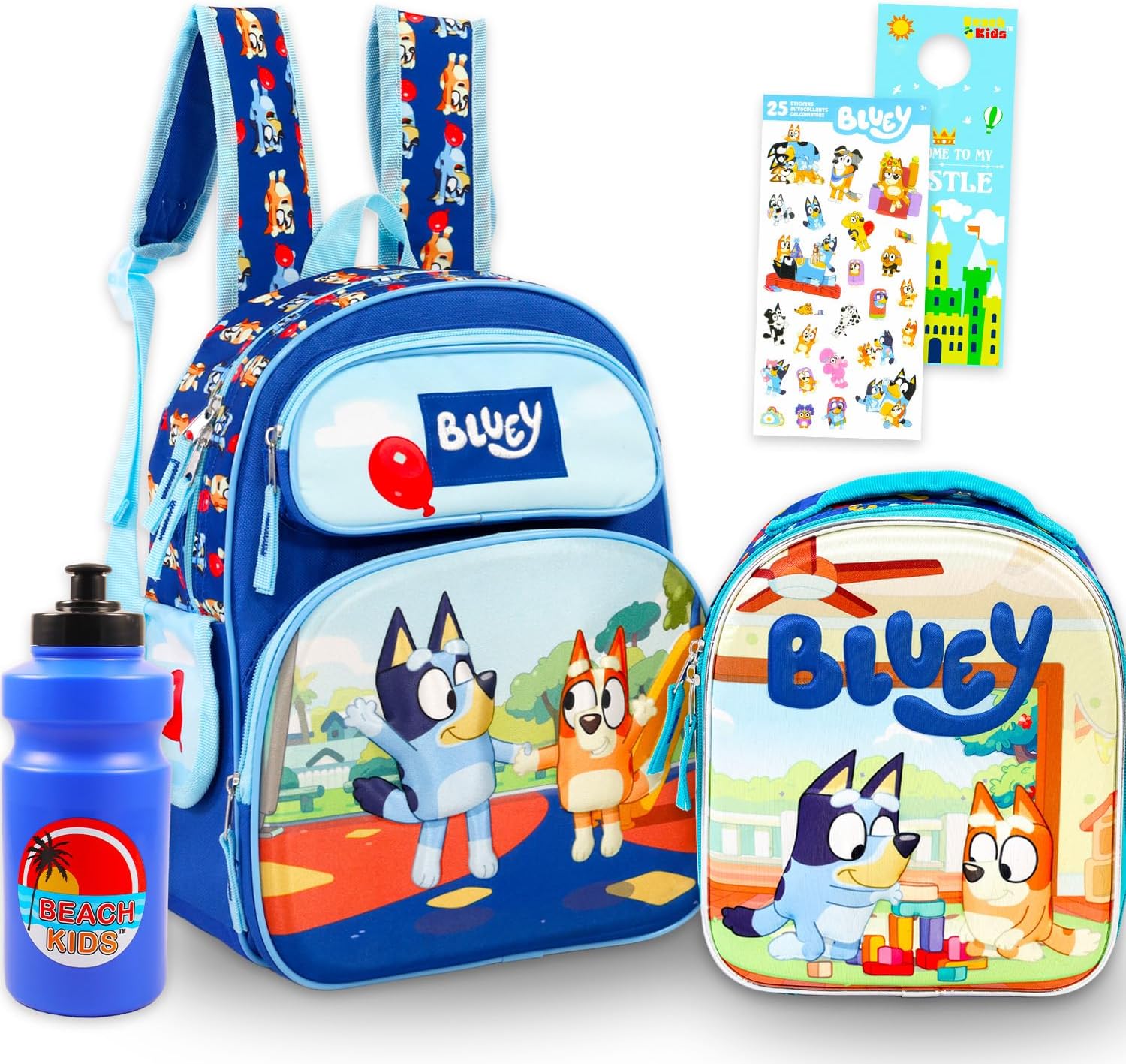 Bluey Mini Backpack with Lunch Box Set - Bundle with 12" Mini Backpack, Lunch Bag, Stickers, Water Bottle, More | Toddler Bluey School Bag and Lunchbox