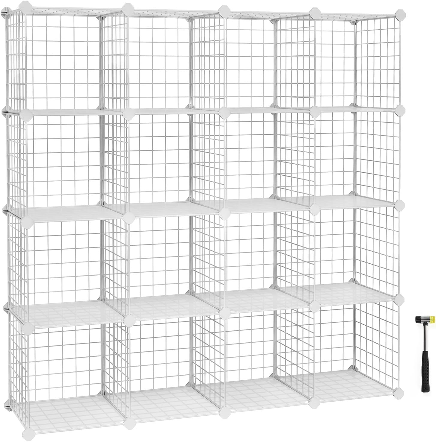 SONGMICS 16 Cube Metal Wire Storage Organiser, DIY Closet Cabinet and Modular Shelving Grids, Wire Mesh Shelves and Rack, White LPI44W