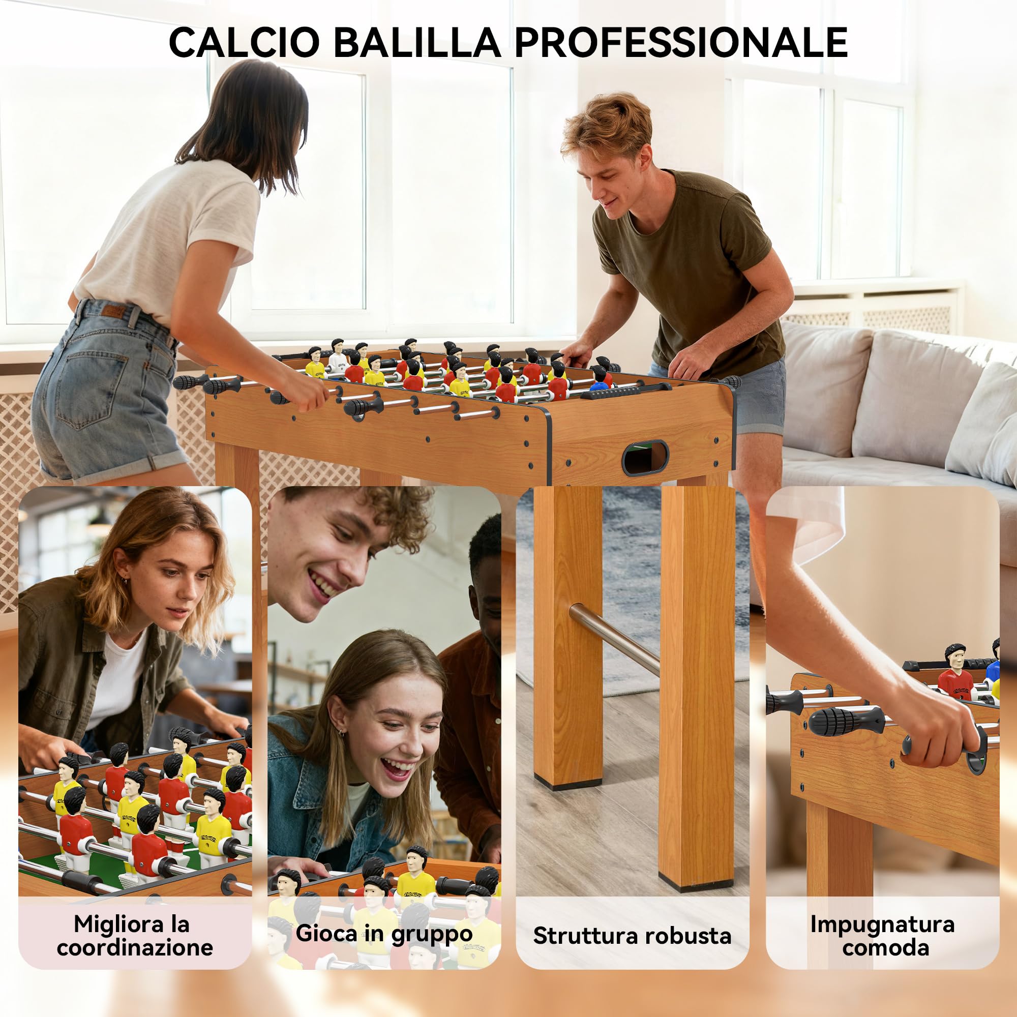 HOMCOM Calcio Balilla Professionale per Adulti e Famiglia, Tavolo Calciobalilla per Adulti, Tavolo da Biliardo Billiardino con 2 Palline, Segnapunti e 22 Giocatori, 122x61x80.7cm