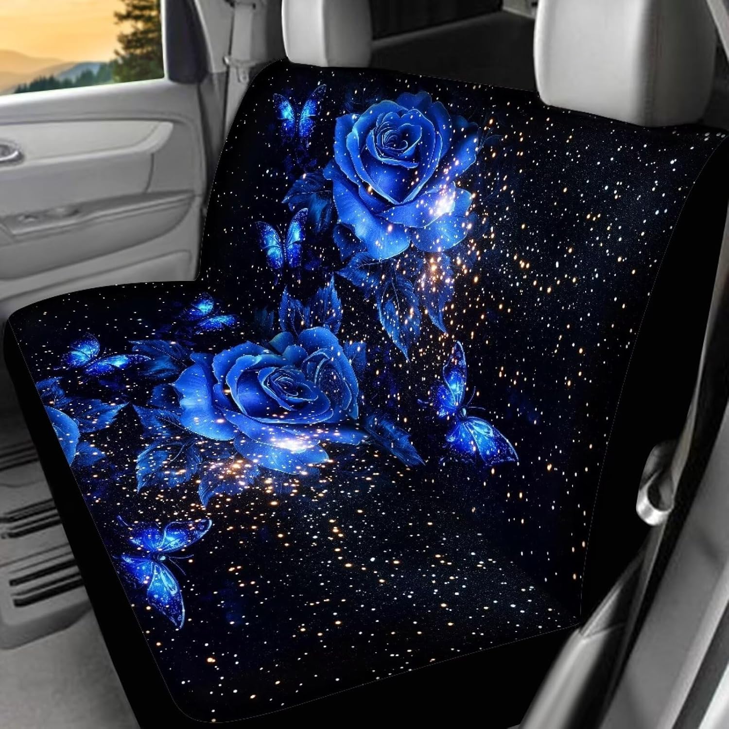 COEQINE Boho Car Seat Covers Full Set 4 Piece Blue Rose Galaxy Vintage Floral Printed Automotive Seat Cover for Cars Trucks and SUVs，Full Back and Seat Cushion for Driver or Passenger