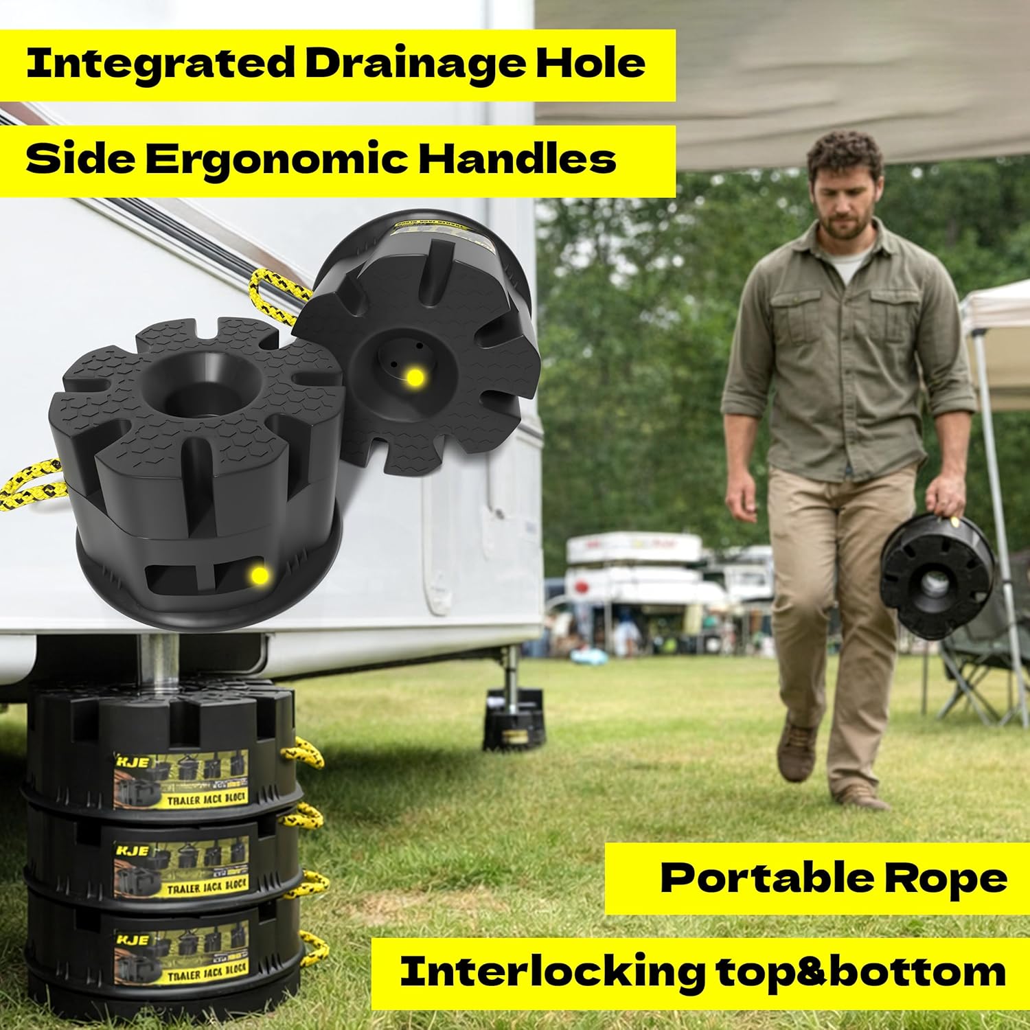 RV Trailer Jack Block with Bag, 6" High RV Leveling Block, Trailer Blocks Suit for 5th Wheels Support Travel Trailer, Round Square Tongue Jack, Camper Stabilizer Blocks, 10000 LBS Capacity, 1 Pack