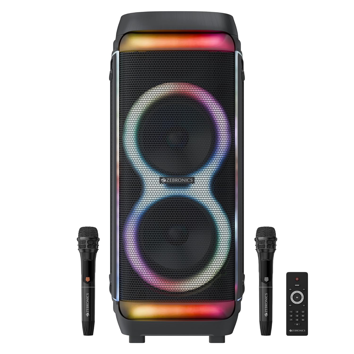 Zebronics Trolley DJ Speaker, 200W, Upto 9 Hours Playback, Dual 25.4cm Full-Range Drivers, Karaoke, TWS, BT v5.0, USB, SD, mSD, AUX, RGB, Dual Wireless UHF Mic, 6 Band EQ Control (Party Fyre 102) Zebronics Trolley DJ Speaker, 200W, Upto 9 Hours Playback, Dual 25.4cm Full-Range Drivers, Karaoke, TWS, BT v5.0, USB, SD, mSD, AUX, RGB, Dual Wireless UHF Mic, 6 Band EQ Control (Party Fyre 102)