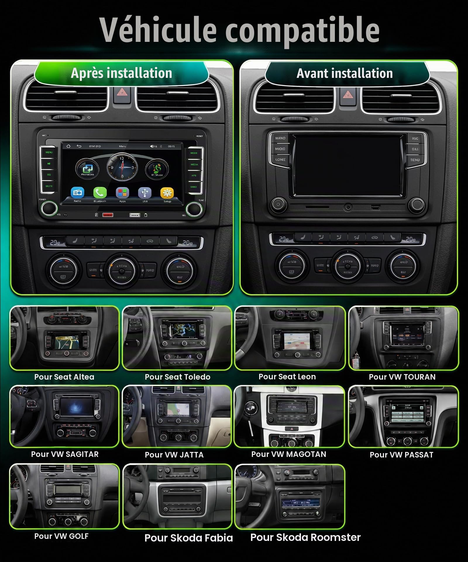 Rimoody Autoradio pour VW Golf 5 6 Passat Polo Tiguan Touran Caddy Skoda SEAT Sans Fil Carplay Android Auto Bluetooth 5.2 FM/AM/RDS, 7 Pouces Écran Tactile Radio Mirror Link EQ/USB/SWC Caméra de Recul