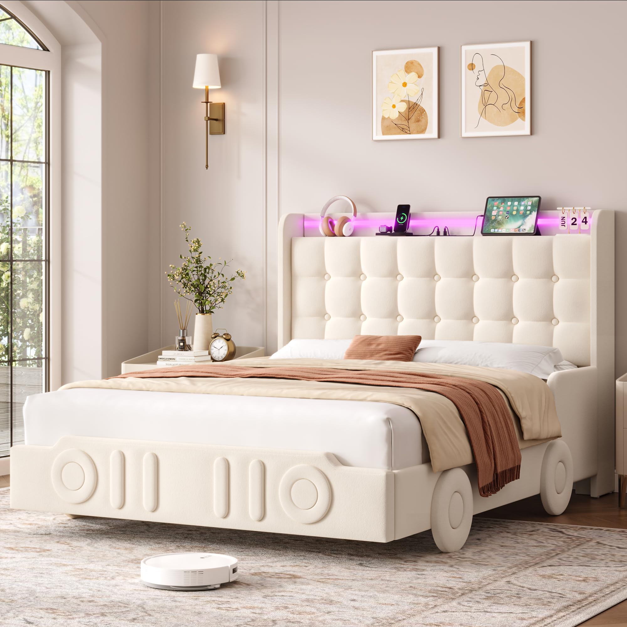Keyluv Full Car Bed Frame with LED Lights and Charging Station, Upholstered Platform Bed with Button Tufted Headboard and Wheels, No Box Spring Needed, Noise-Free, Easy Assembly, Velvet Beige