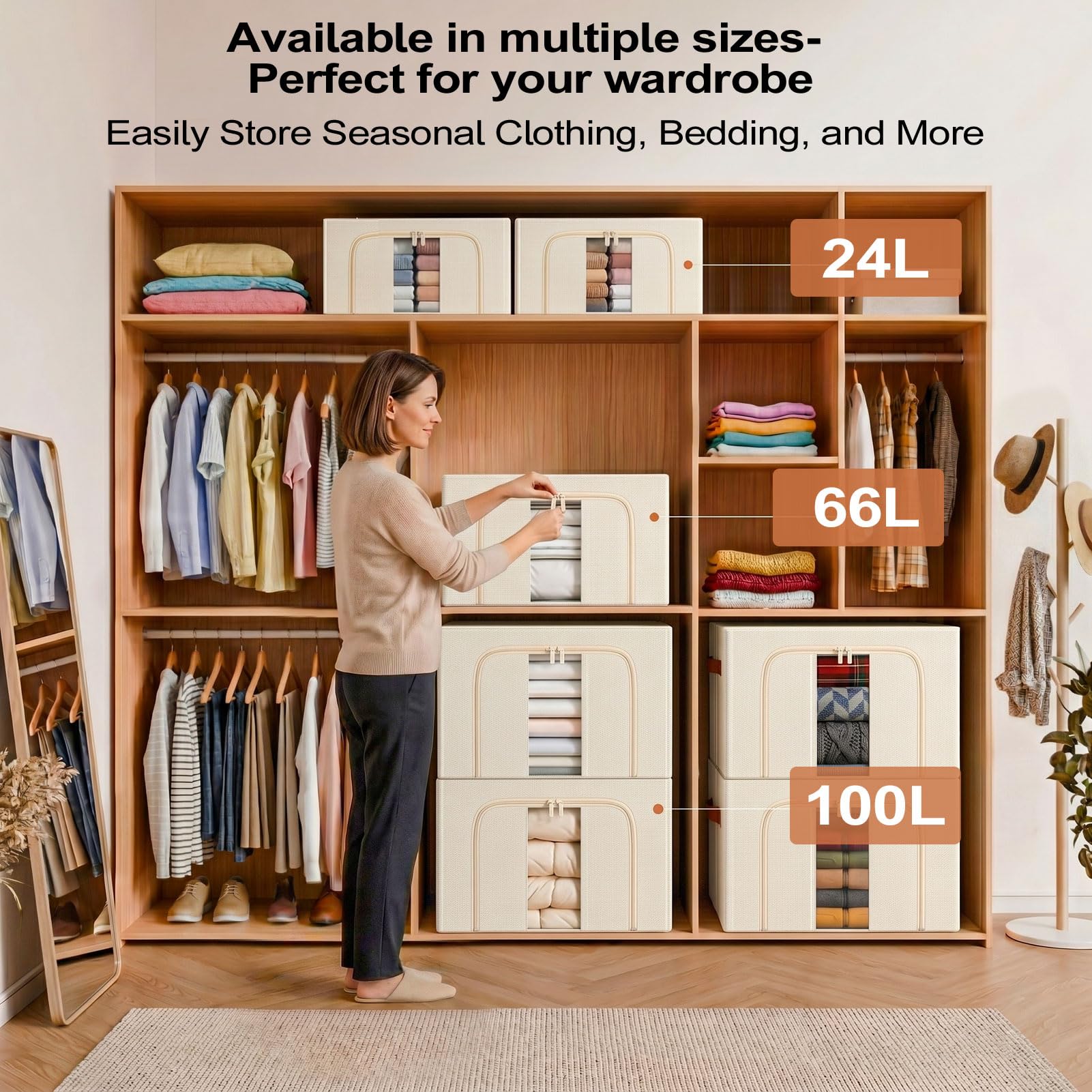 Borsa portaoggetti pieghevole in metallo: contenitore impilabile con coperchio per il guardaroba, organizer per biancheria da letto (beige 3 x 100 L)
