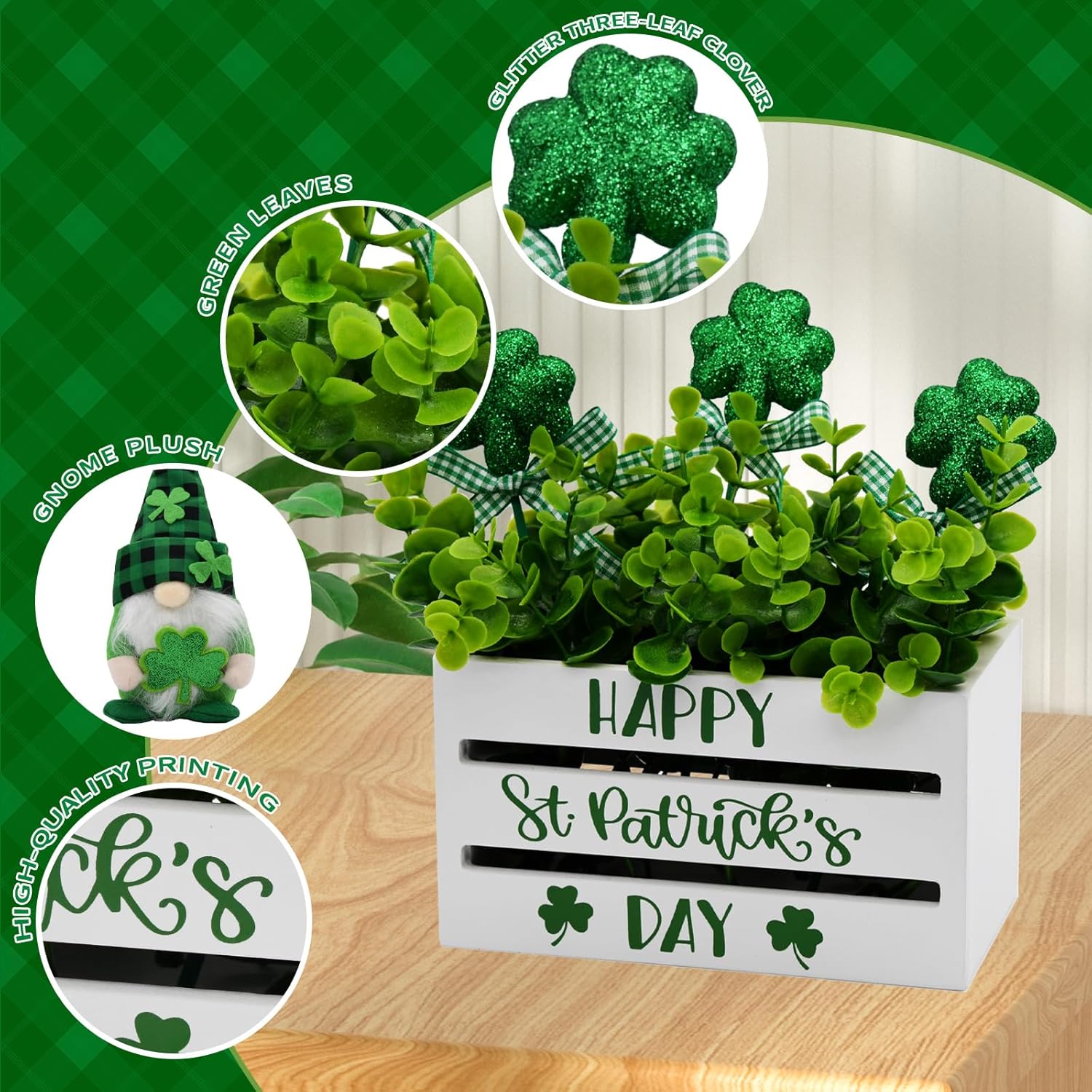 St. Patrick's Day Decorations, St. Patrick's Day Wooden Crate with Gnome, Glitter Shamrock, St. Patrick's Farmhouse Kitchen Table Tiered Tray Decorations for Home