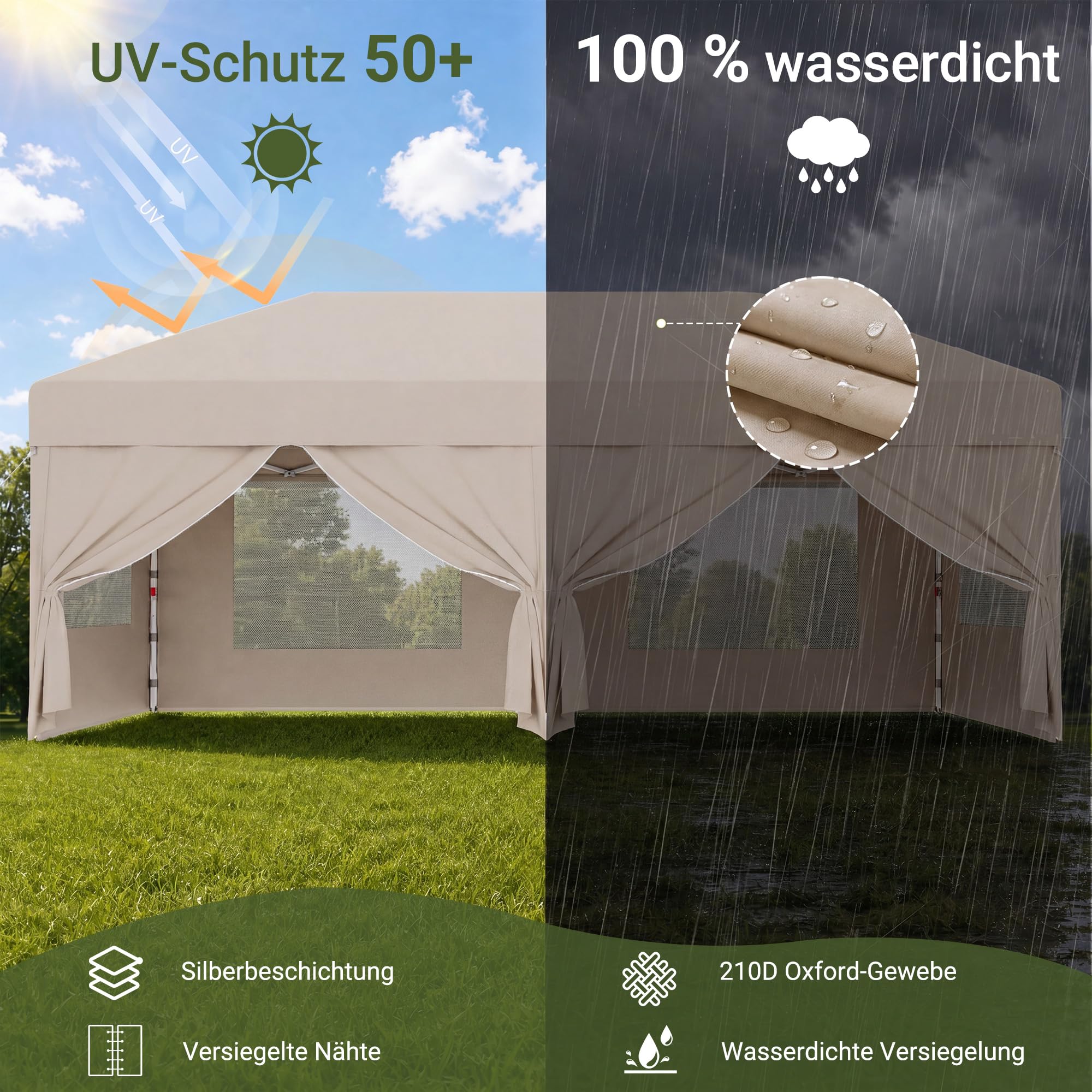 JUMMICO Pop Up Faltpavillon, 3 x 6 m Pavillon mit Netzfenstern zur Belüftung, UV-Schutz 50+, mit 4 Seitenwänden, wasserdicht stabil Winterfest，Faltbar Partyzelt Gartenzelt Gartenpavillon, Beige