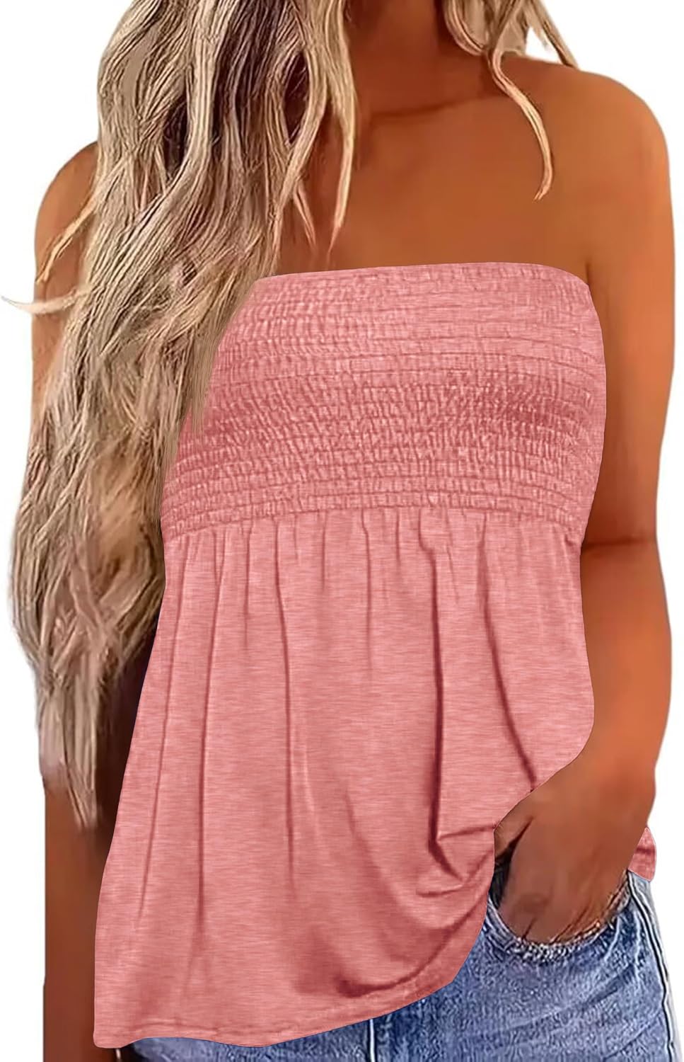 IWOLLENCE Womens Tube Tops Flowy Pleated Strapless Top Coral XS