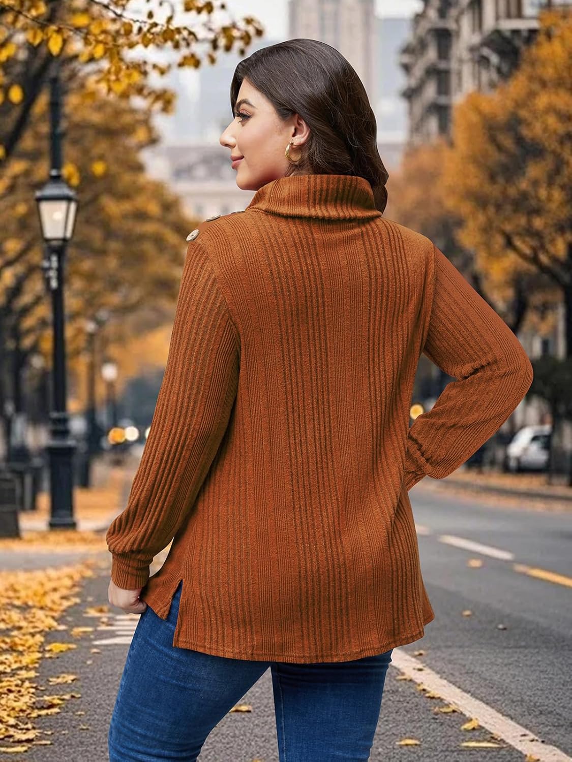 Siddhe Plus Size Clothes for Women Long Sleeve Casual Dressy Tops Loose Fit Turtleneck Lightweight Knit Sweater with Pockets Fall Winter (Caramel,XXXL) - Image 2