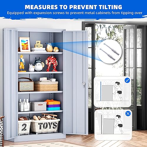 Miniatura 6 de Superday Gabinete de almacenamiento de metal de 72 x 36 x 18 pulgadas, armario de almacenamiento alto con 2 puertas y 4 estantes, gabinete grande de