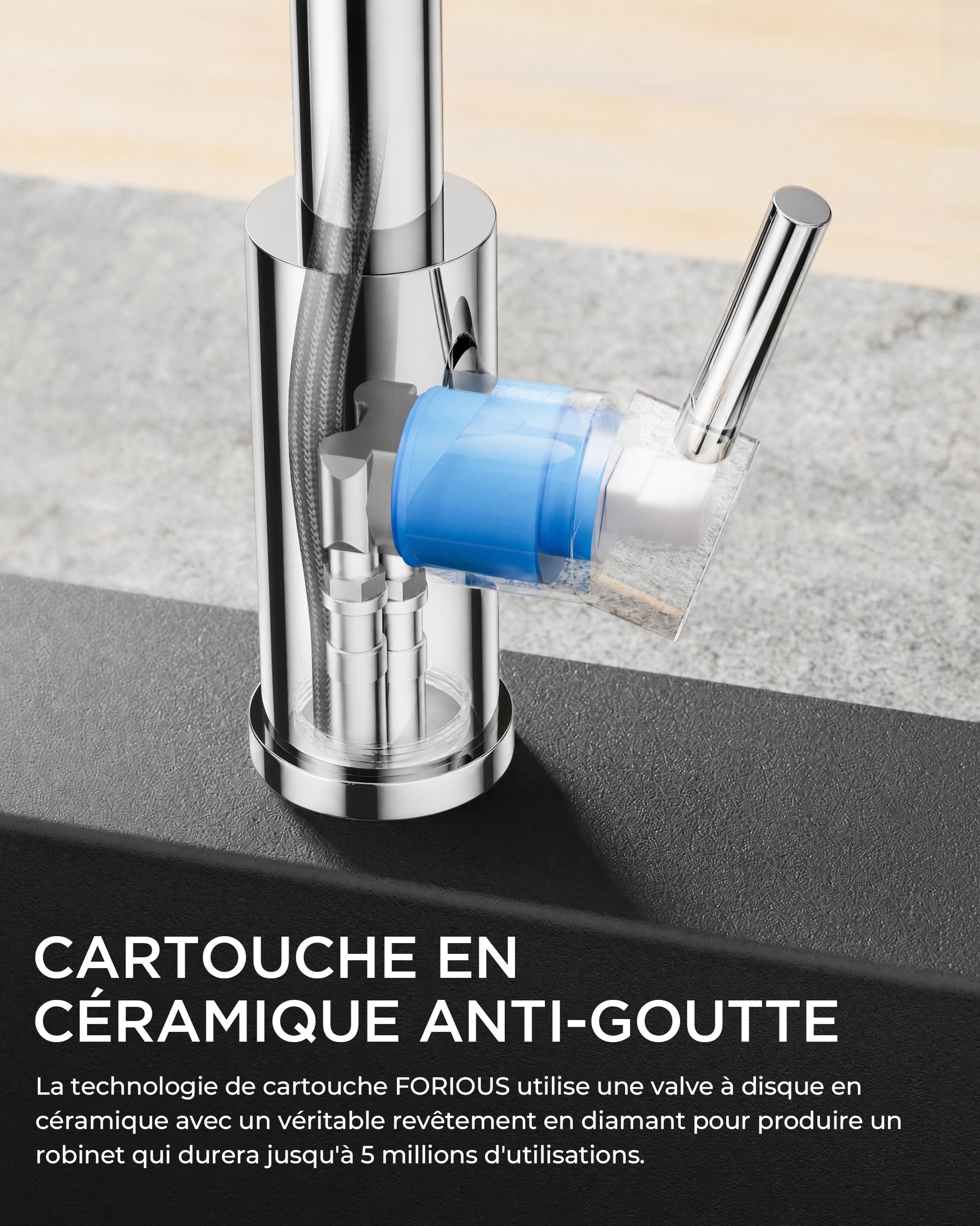 FORIOUS Robinet Cuisine, Robinet Evier Extensible, Mitigeur Cuisine à Poignée Unique avec 3 Modes, Robinet D'évier à Ressort Rotatif à 360°, Chrome Poli
