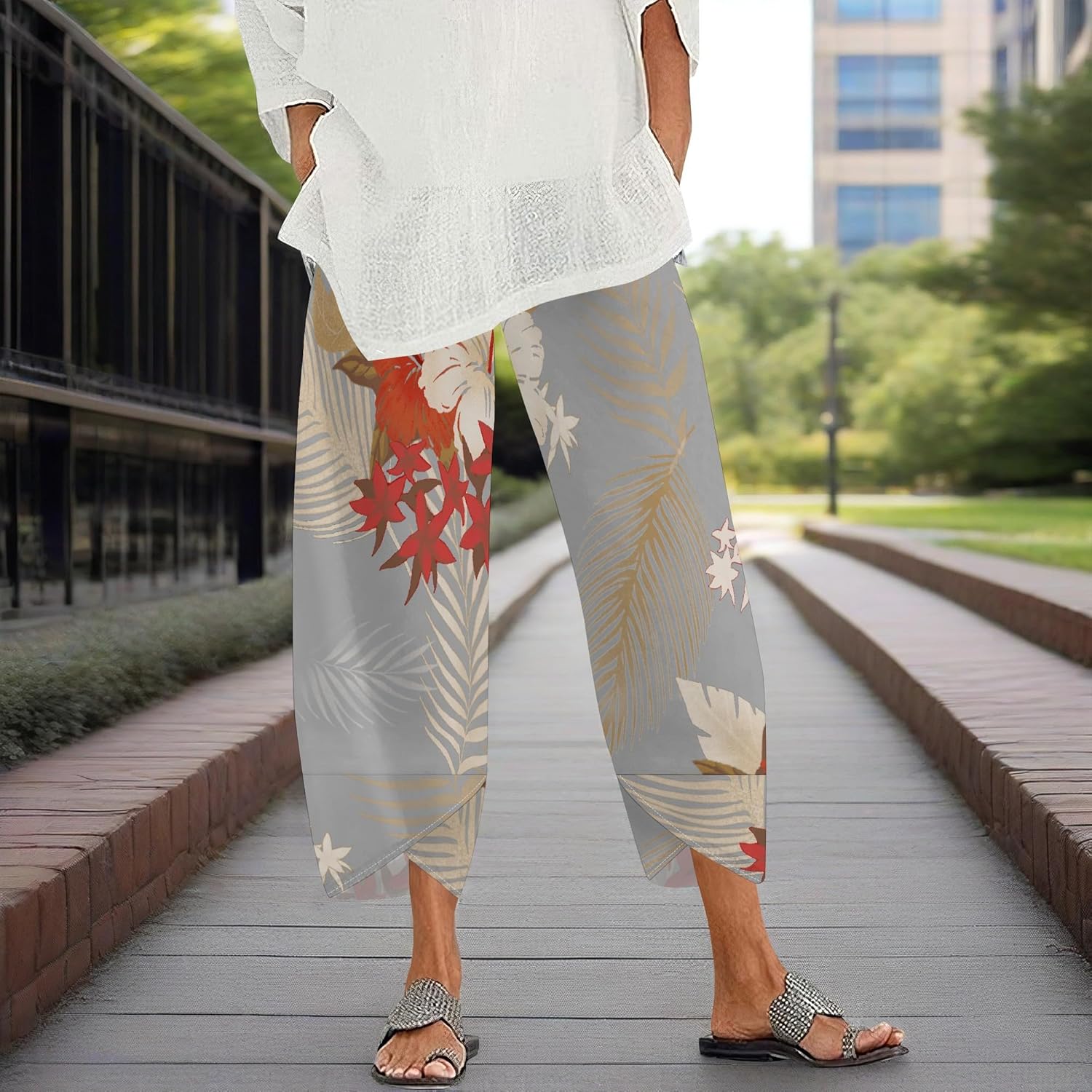 Capris Pants for Women 2025 Summer Printed Baggy Cropped Wide Leg High Elastic Waist Trousers Beach Vacation Pant - Image 3