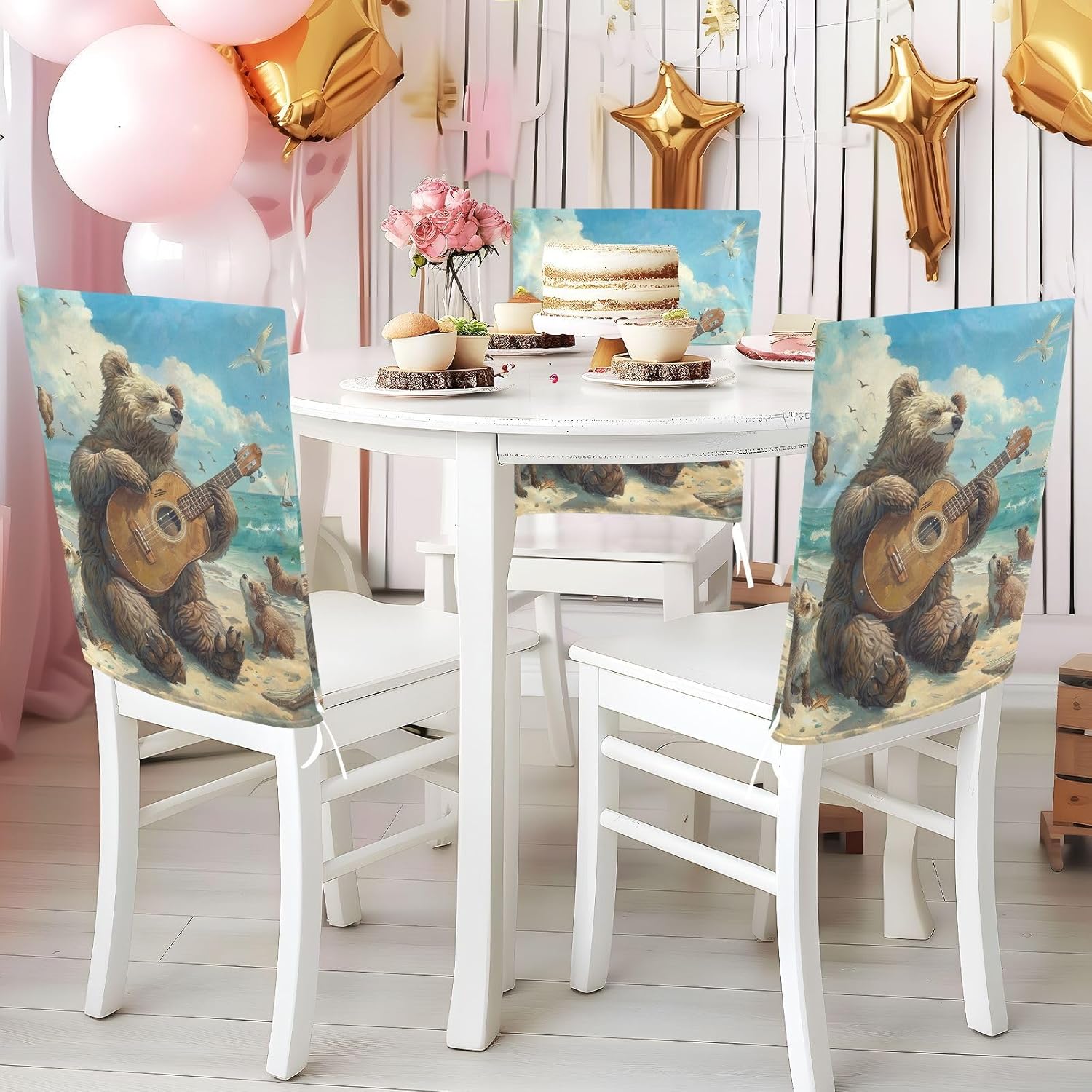 ALAZA Bear Play Music on The Summer Beach Chair Back Cover Set of 6, Washable Reusable Removable Chair Slipcovers Decorative Chair Cover for Home Kitchen Wedding Party