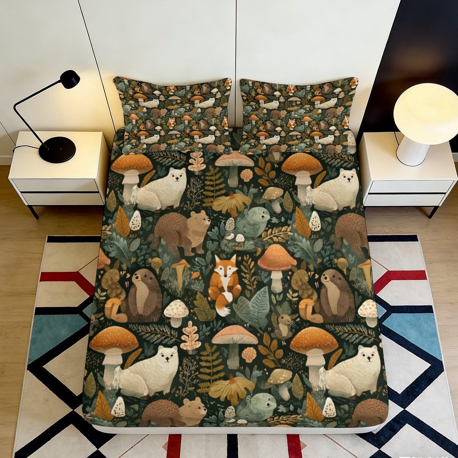 Pnayamiorkfel Style-8 3D Printed Woodland Animal Fitted Sheet Microfiber Soft Forest Mushroom Mattress Cover Bedroom Decor Protection 90X200x25cm