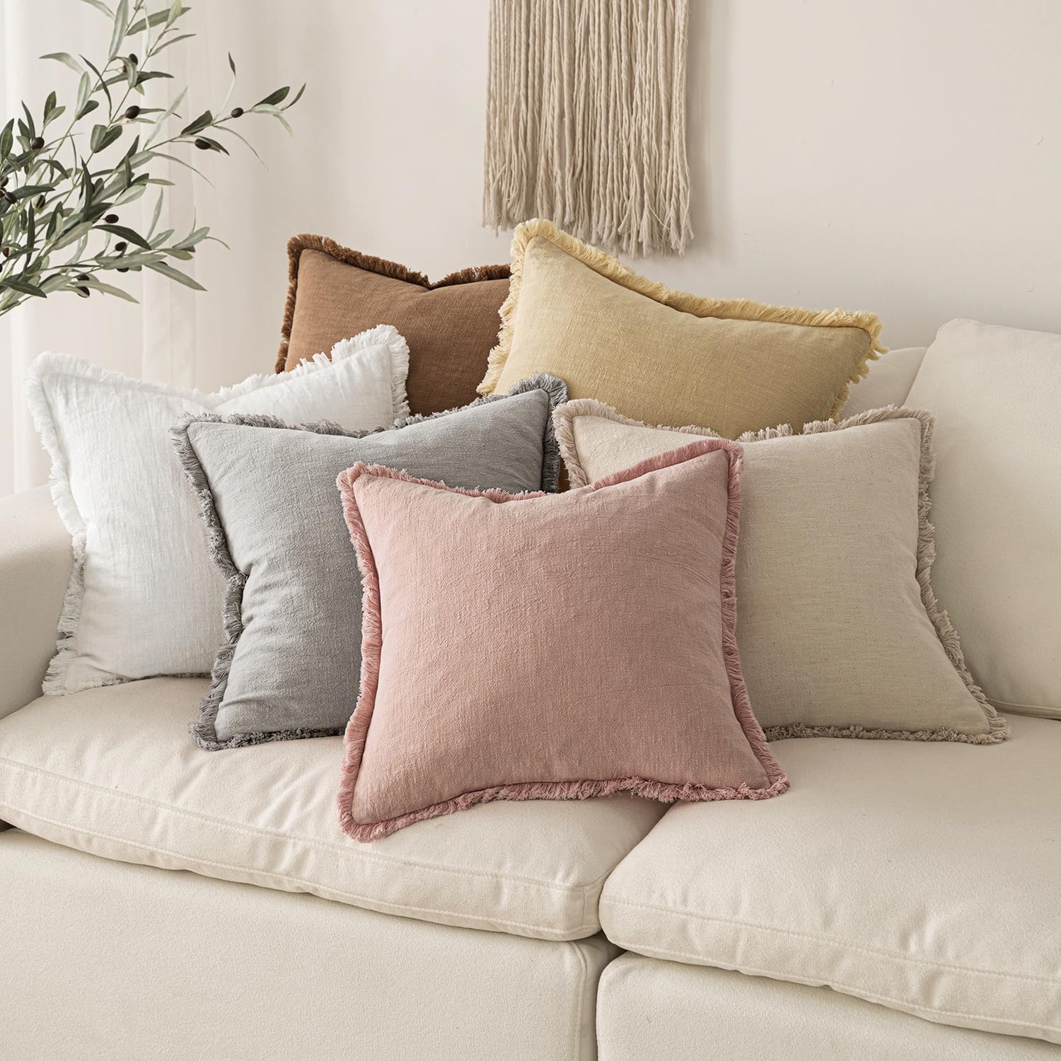 MIULEE Decorative Throw Pillow Covers Neutral Linen Fringe Throw Pillows Set of 2 White Boho Farmhouse Cushion Covers with Tassels for Couch Sofa Bed Living Room Home Spring Decor 18x18 Inch - Image 6
