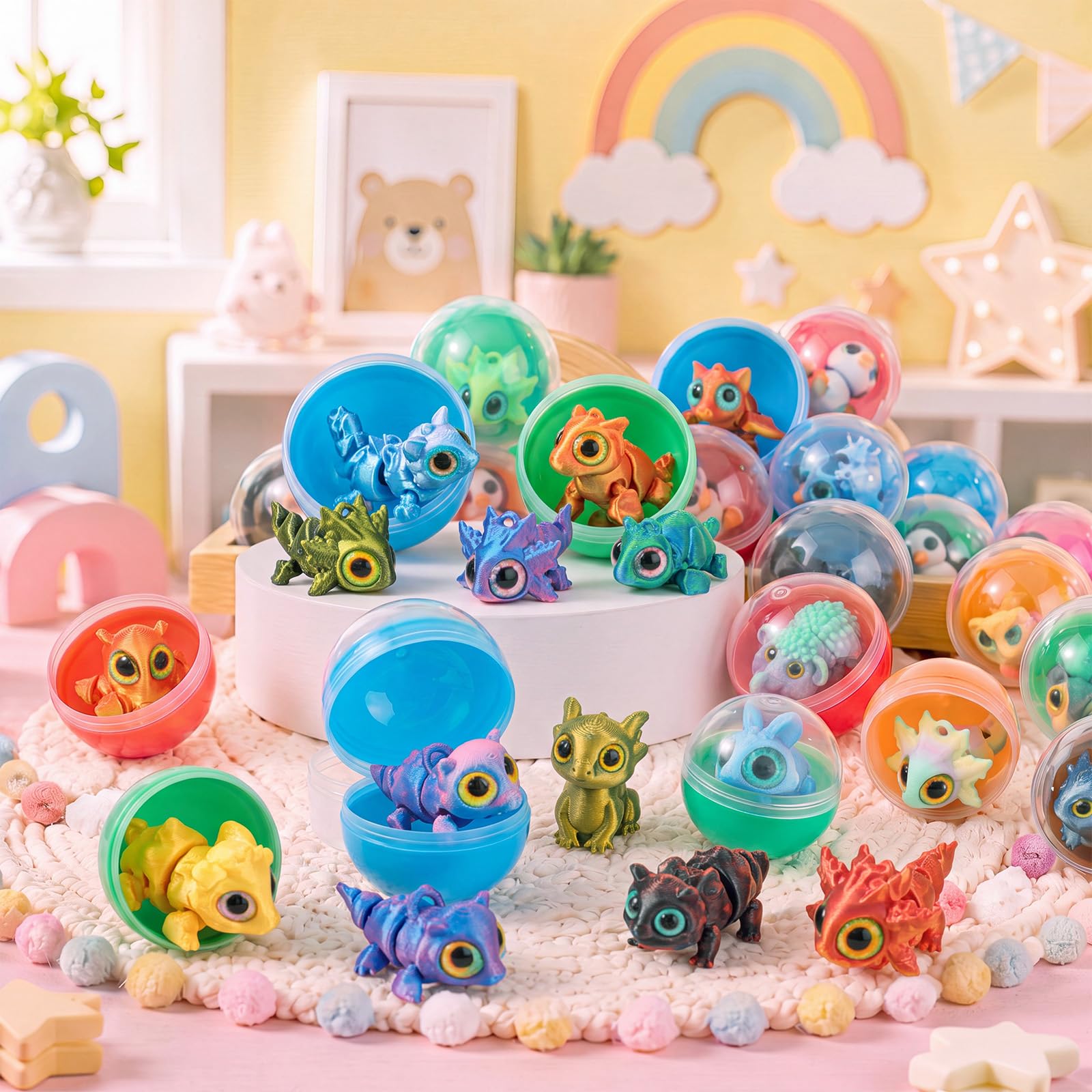 Set di 50 mini animali stampati in 3D con 50 capsule, mini figure di animali, per alleviare l'ansia, per distributori automatici di gomme da masticare, premi in classe, regali di Carnevale