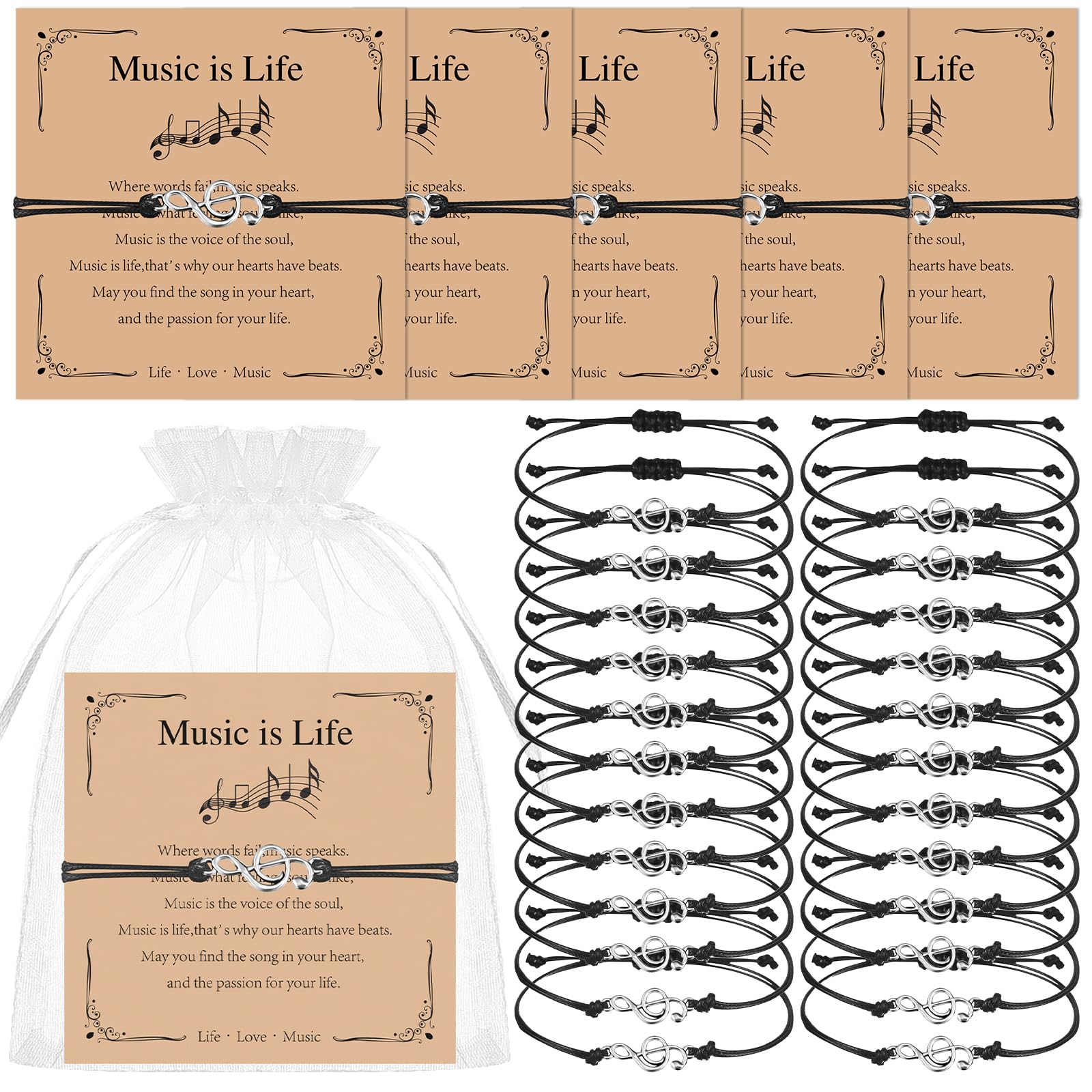 Set di 24 braccialetti musicali sfusi con note musicali con biglietti ispiratori, regali per amanti della musica, accessori per musicisti, regalo di apprezzamento per il coro, bomboniere musicali per